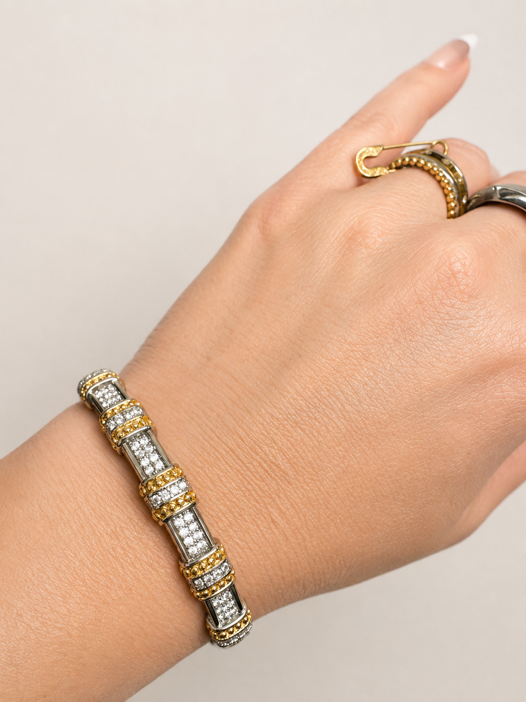 Two Tone Pave Clasp Bangle Bracelet