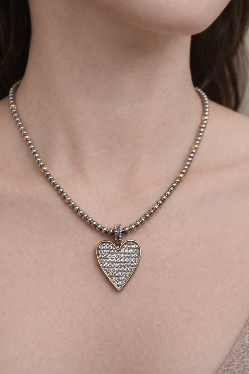 Dual Tone Crystal Heart Beaded Necklace