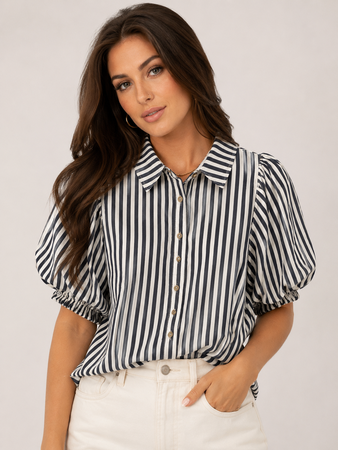White & Navy Stripe Balloon Sleeve Top