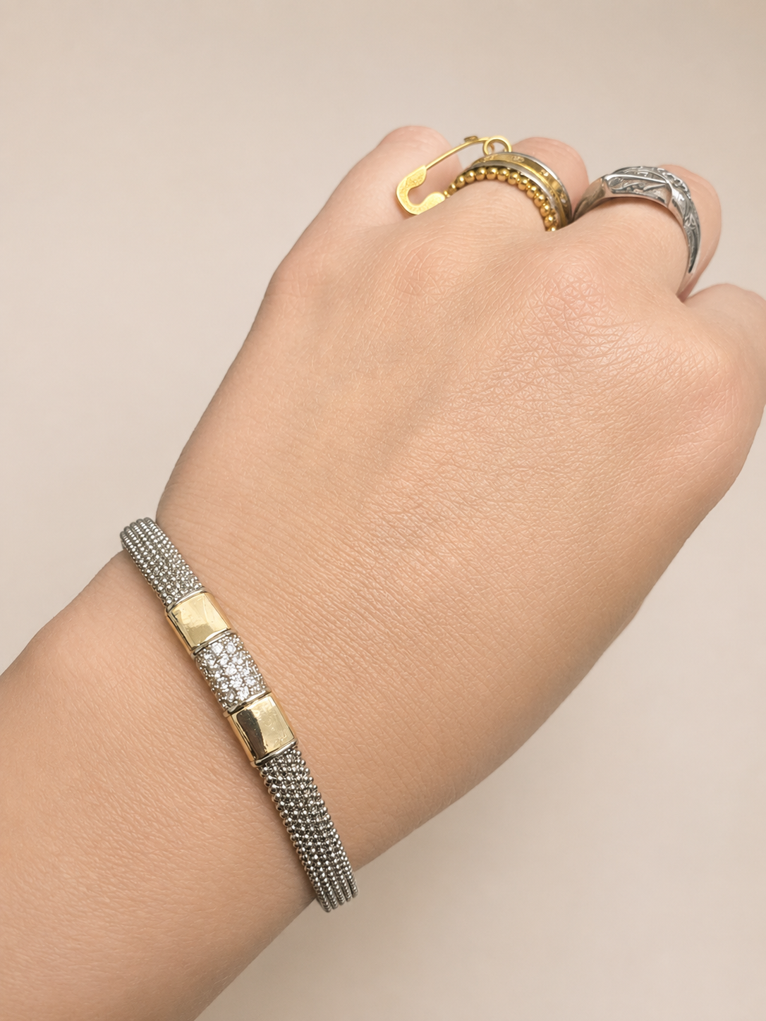 Two Tone Pave Band Clasp Bangle Bracelet