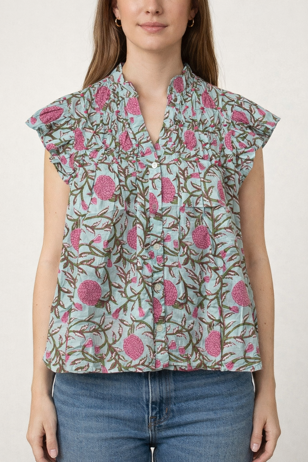 Blue Floral Flutter Sleeve Button Front Top