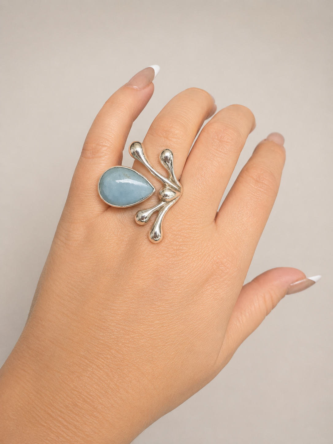 Silver Aquamarine Statement Ring -Size 7.5