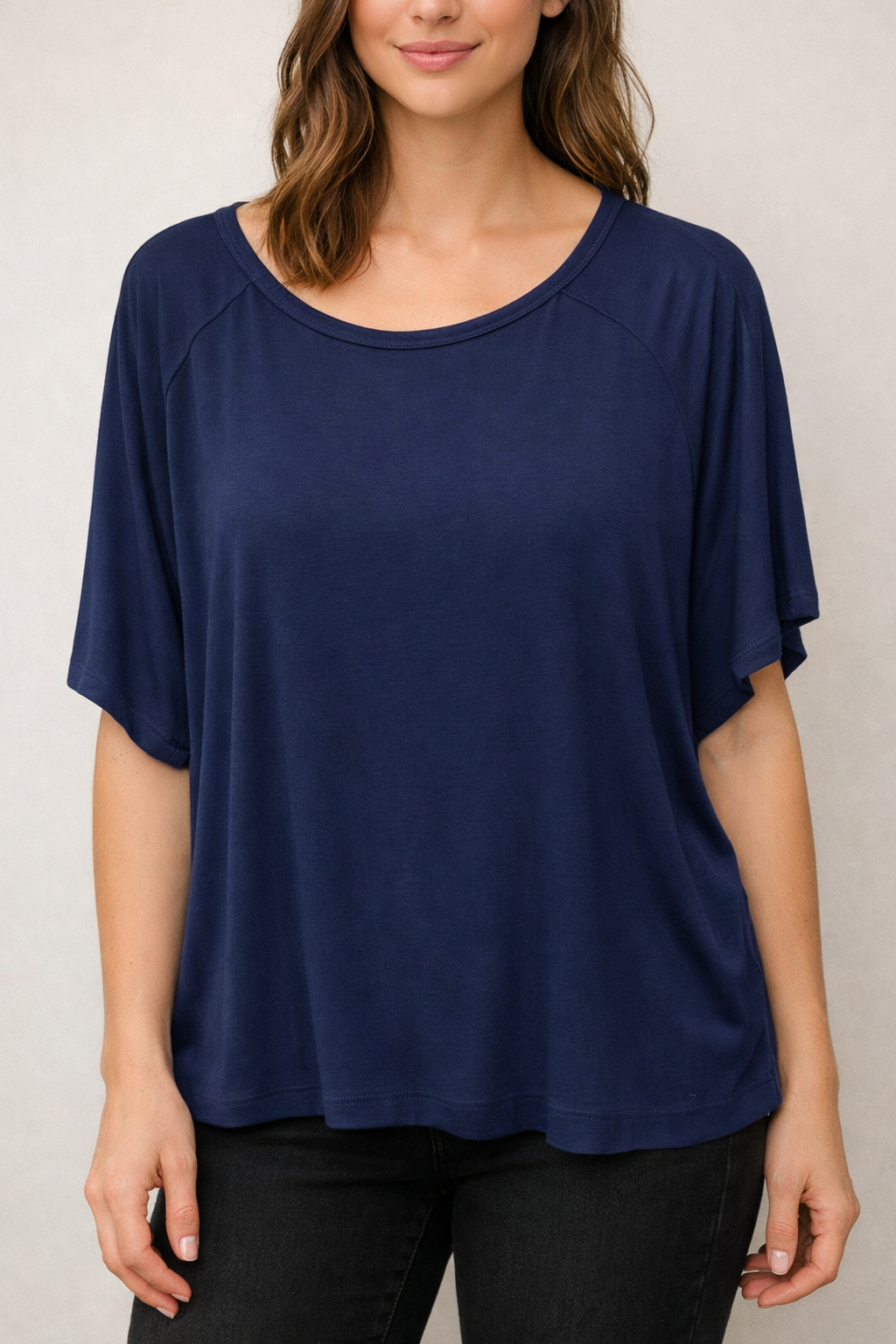 NAVY JERSEY CREW NECK TOP WITH SHIRRED BACK