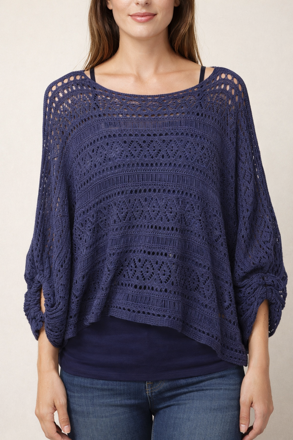 Navy Open Knit Boatneck Dolman Sleeve Cover Up