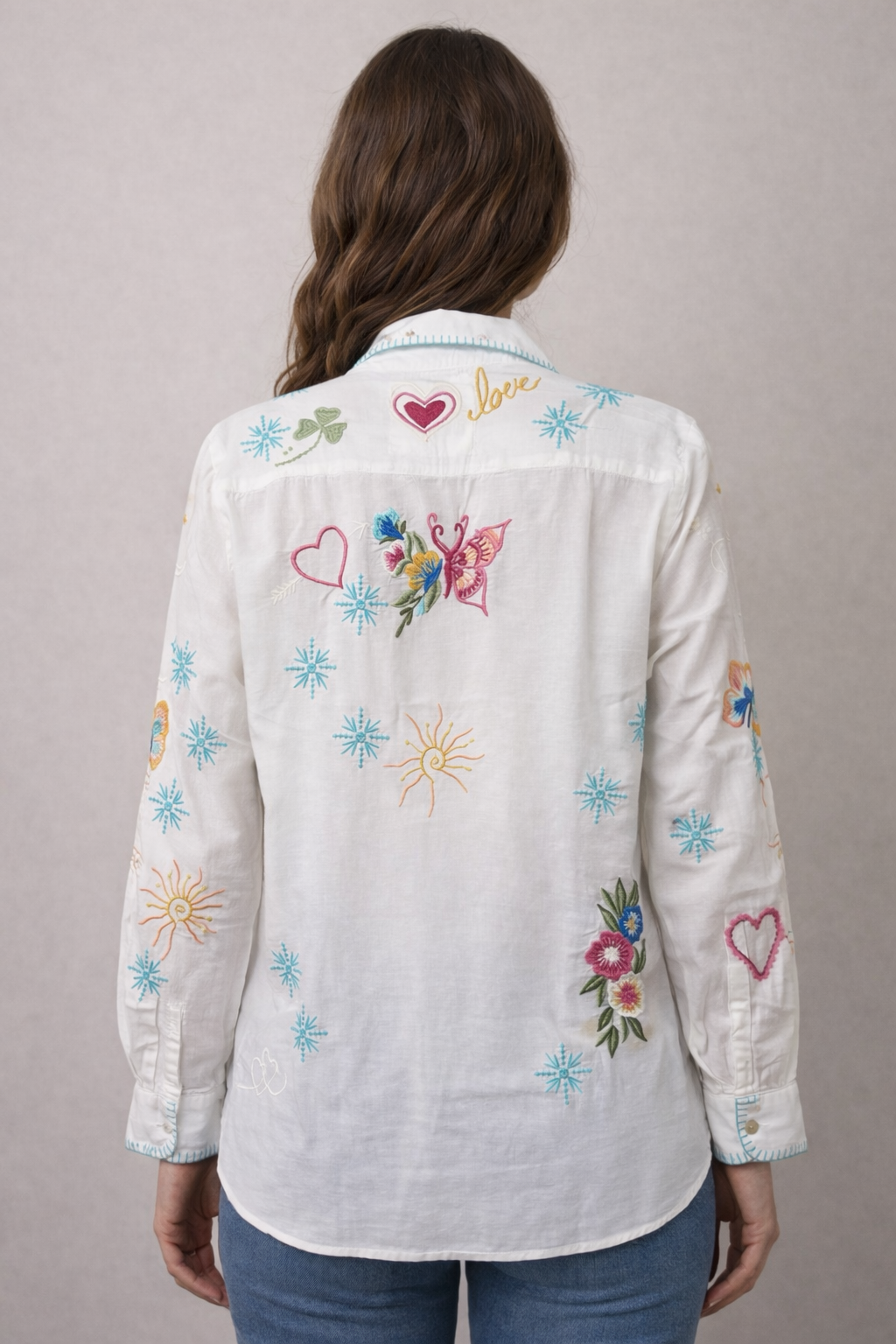 White LS Flower Embroidered Button Up Top