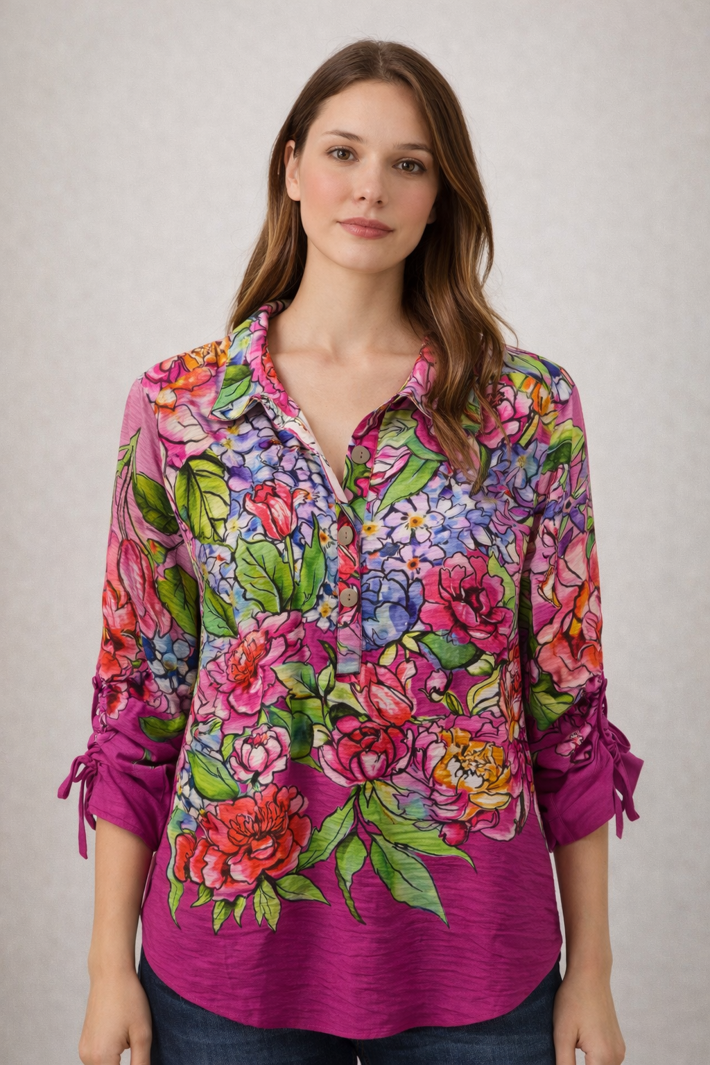 John Mark Floral Tunic w/ Cinch Sleeves
