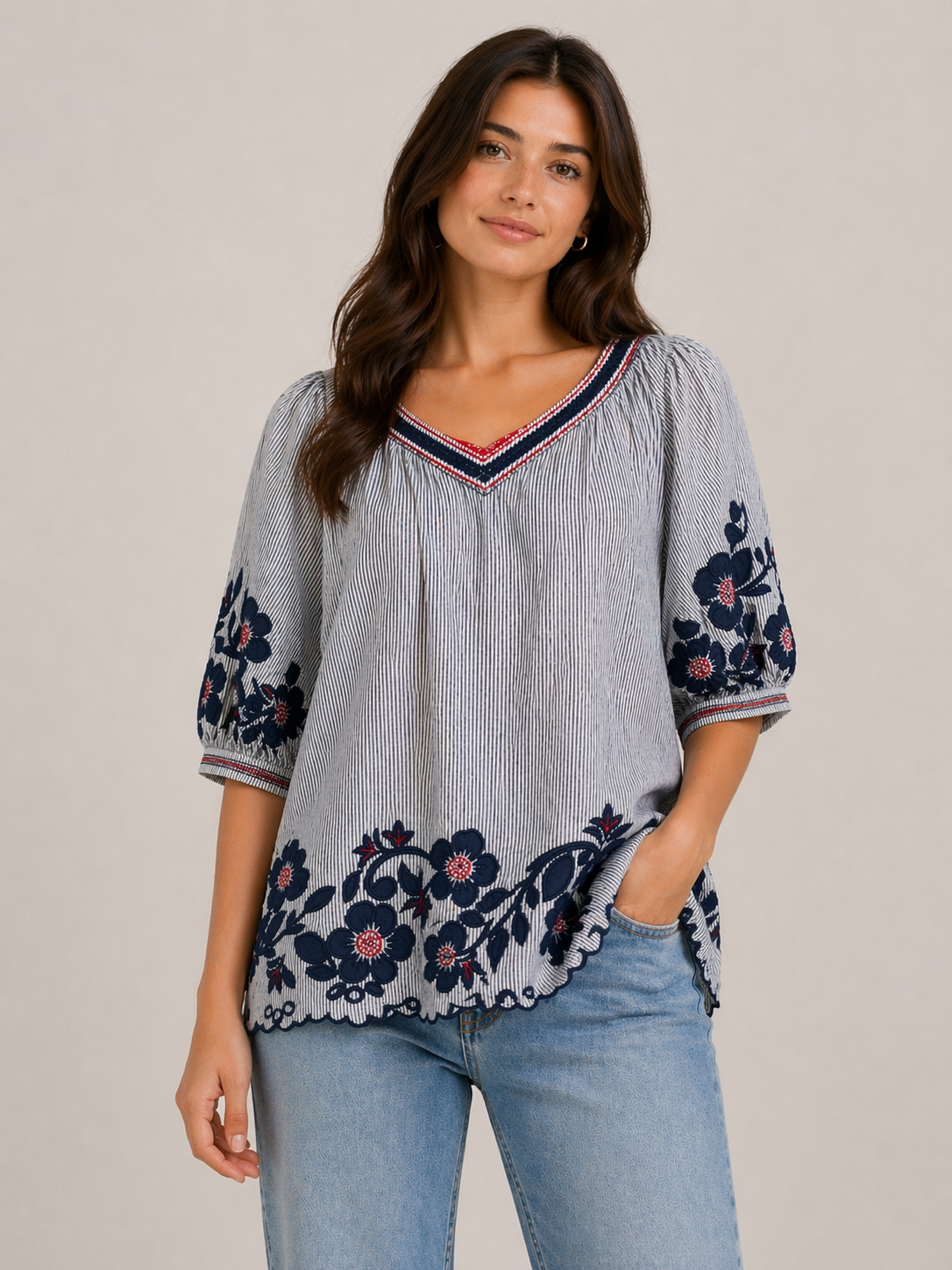 John Mark Navy Floral Applique Striped Top