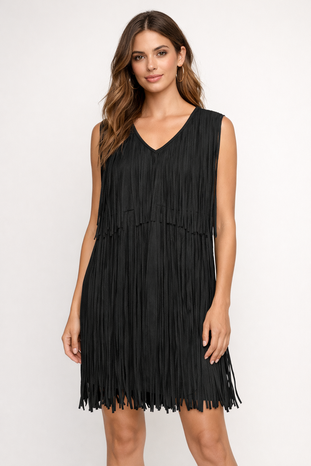 Black Sleeveless Suede Fringe Mini Dress