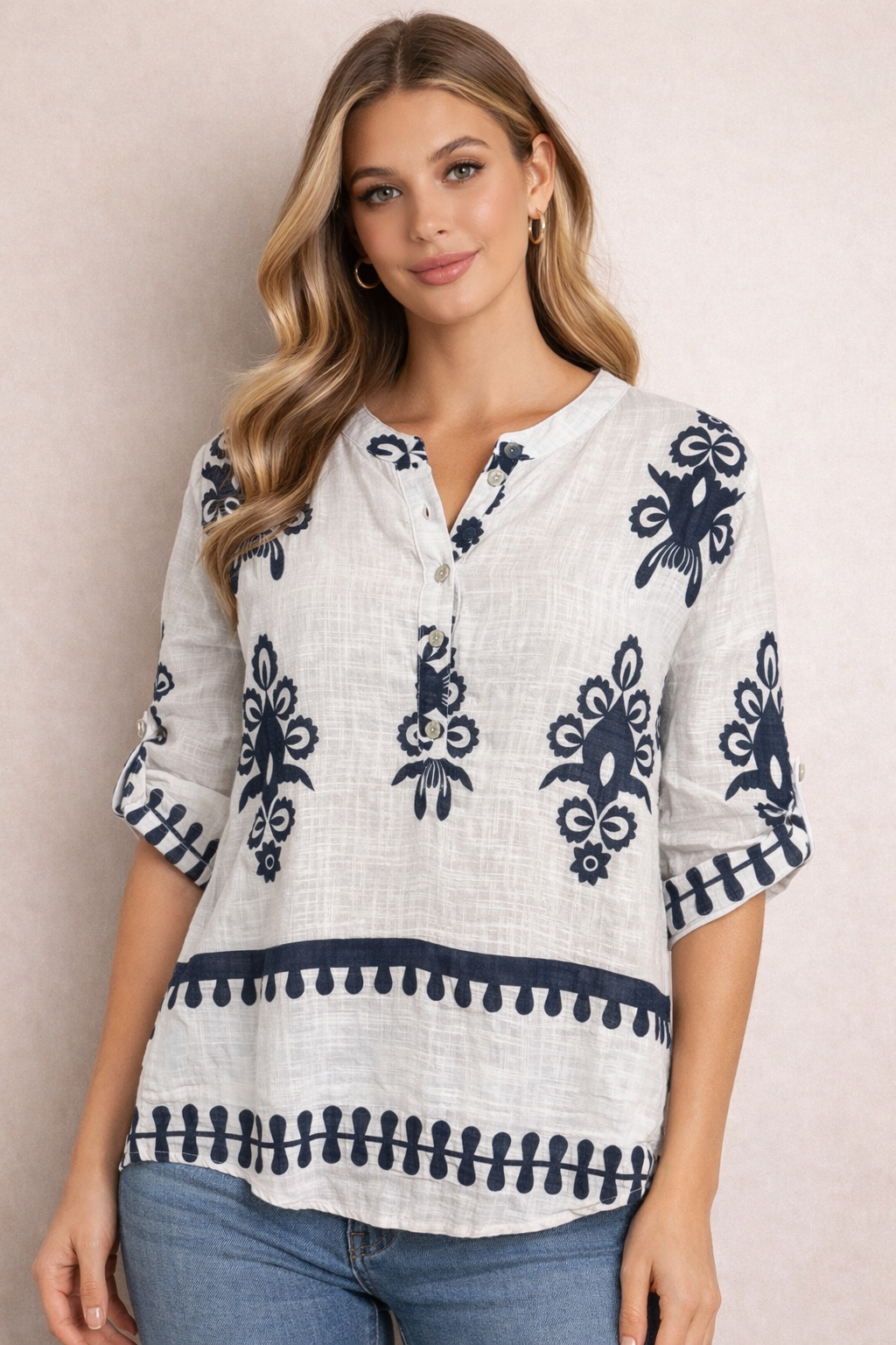 Navy Boho Printed Henley Top
