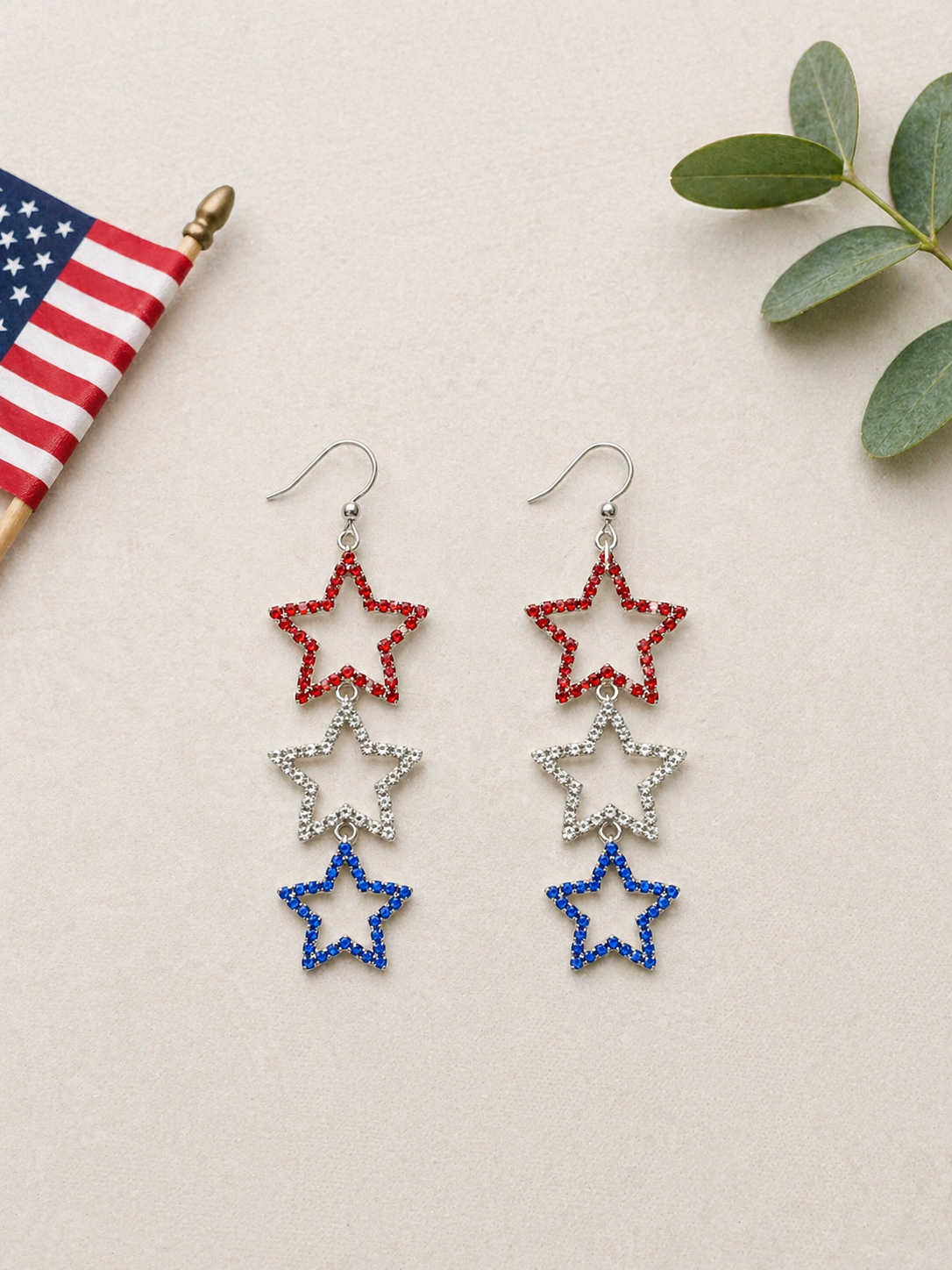 Patriotic Triple Star Crystal Earrings