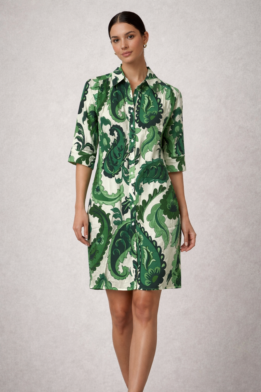 Green Baroque Button Front Shirt Dress