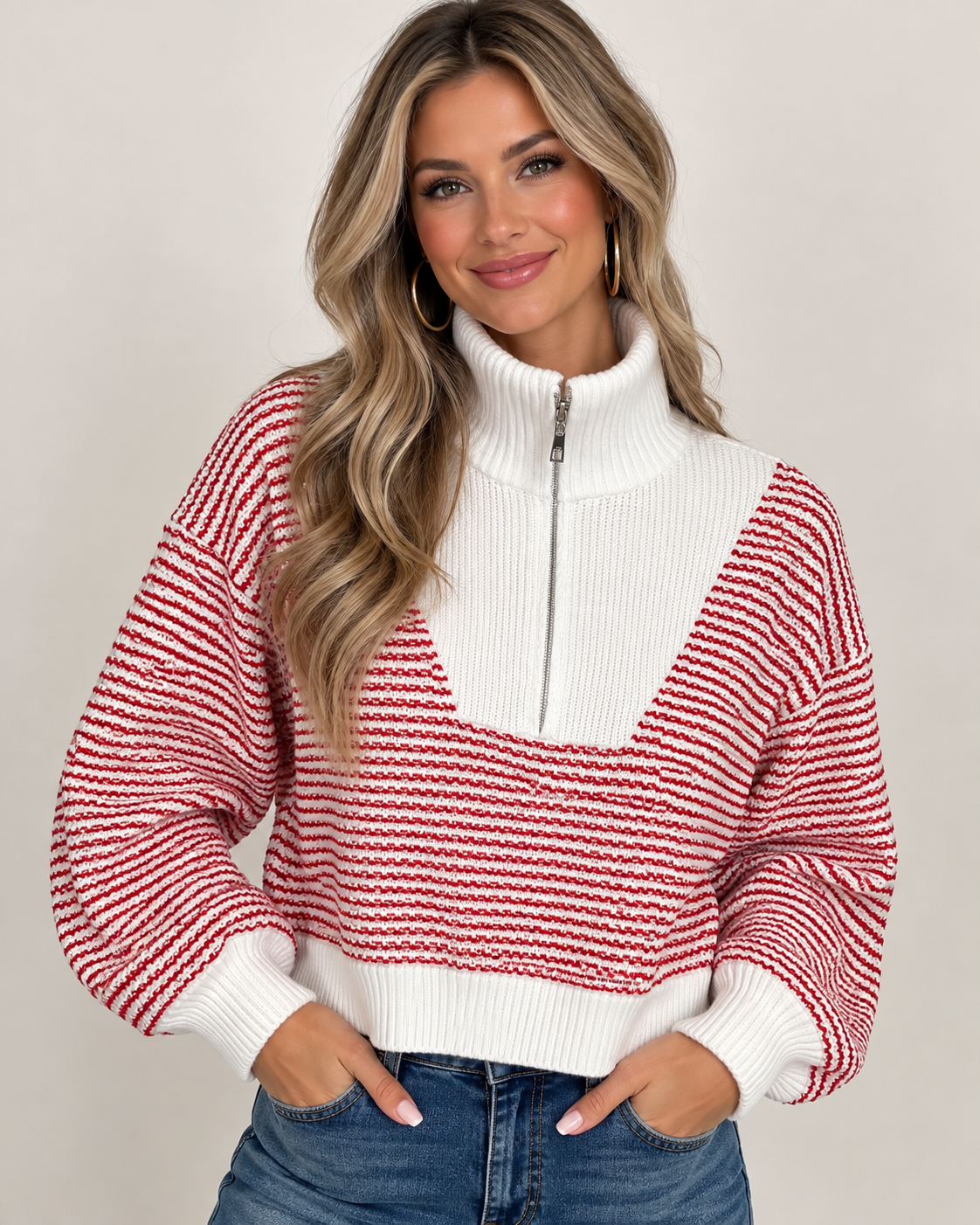 Red Stripe Zip front Sweater