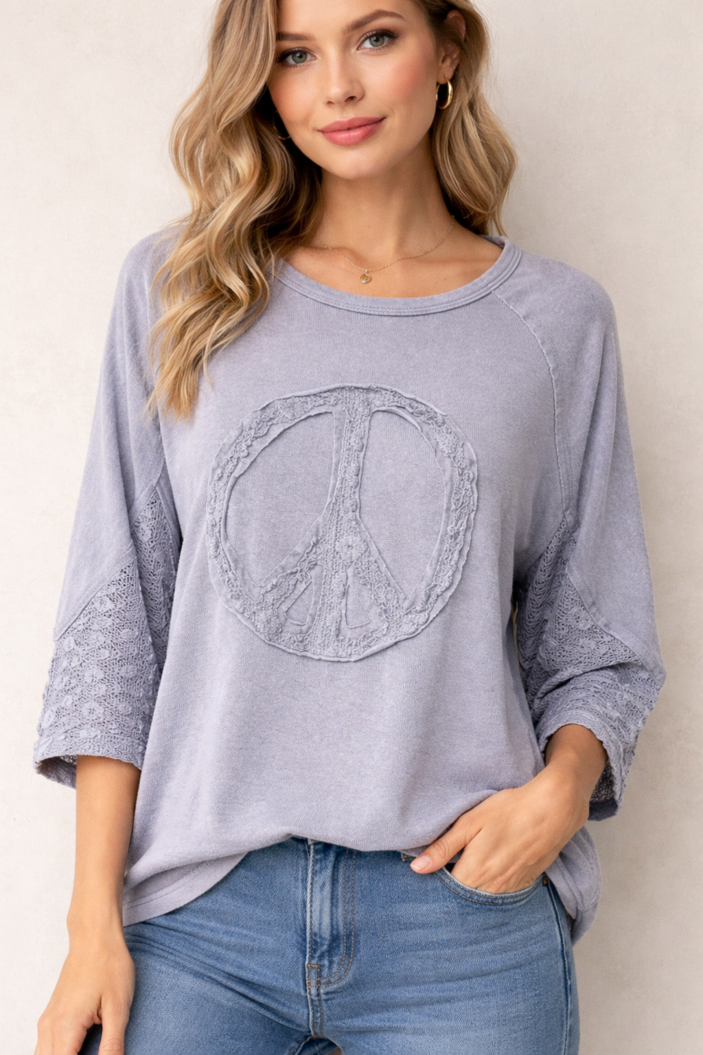 Lilac Blue Peace Patch Top — Accents Boutique, Marble Falls TX