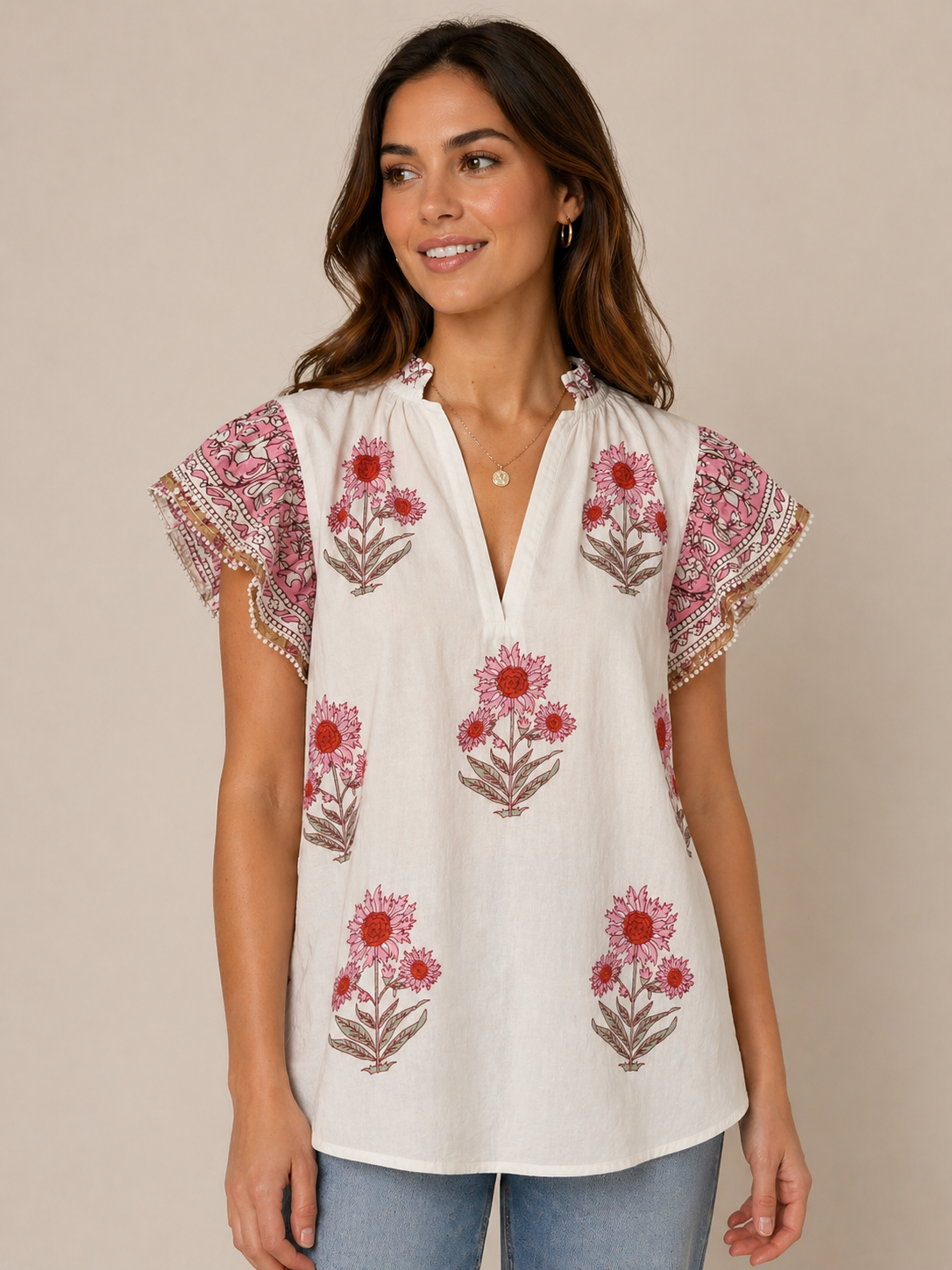 Ivory Floral Ruffle Sleeve Top