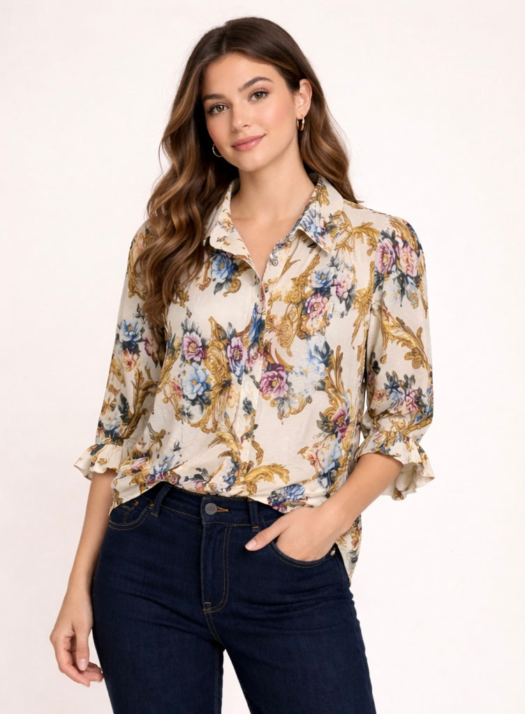 Floral Baroque Print Button Front Top