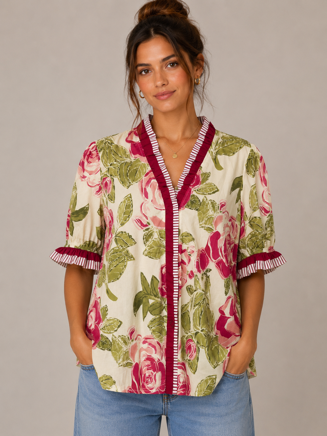 Coral Floral Printed Contrast Edge Ruffled Blouse