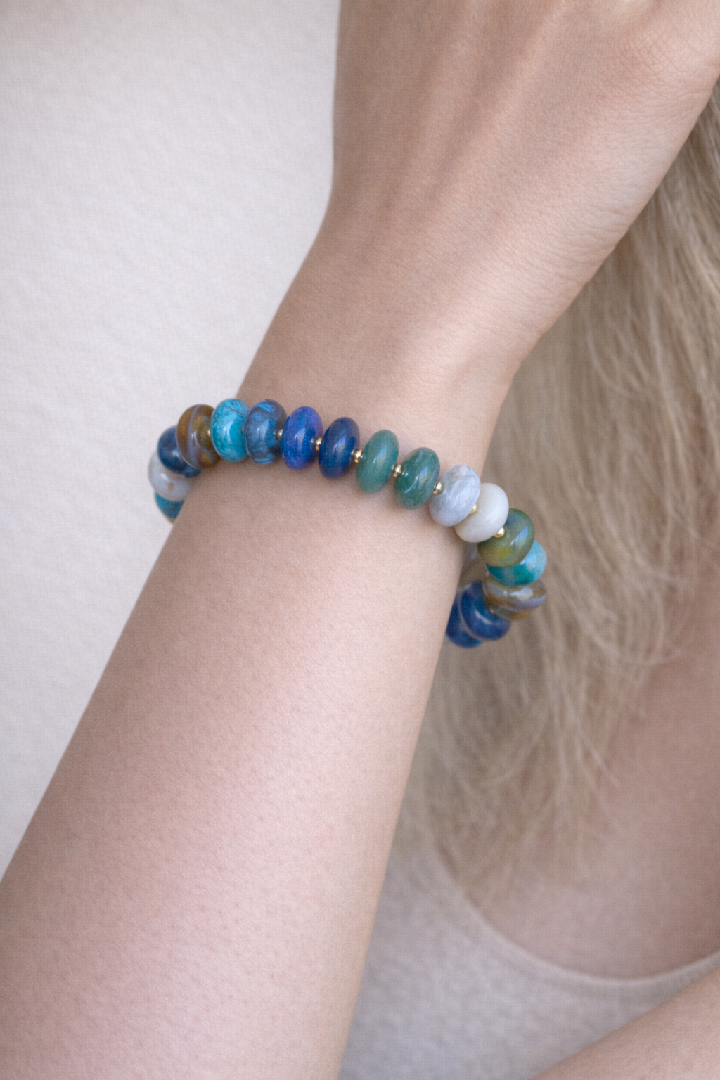 Blue Multi Resin Flat Beaded Stretch Bracelet