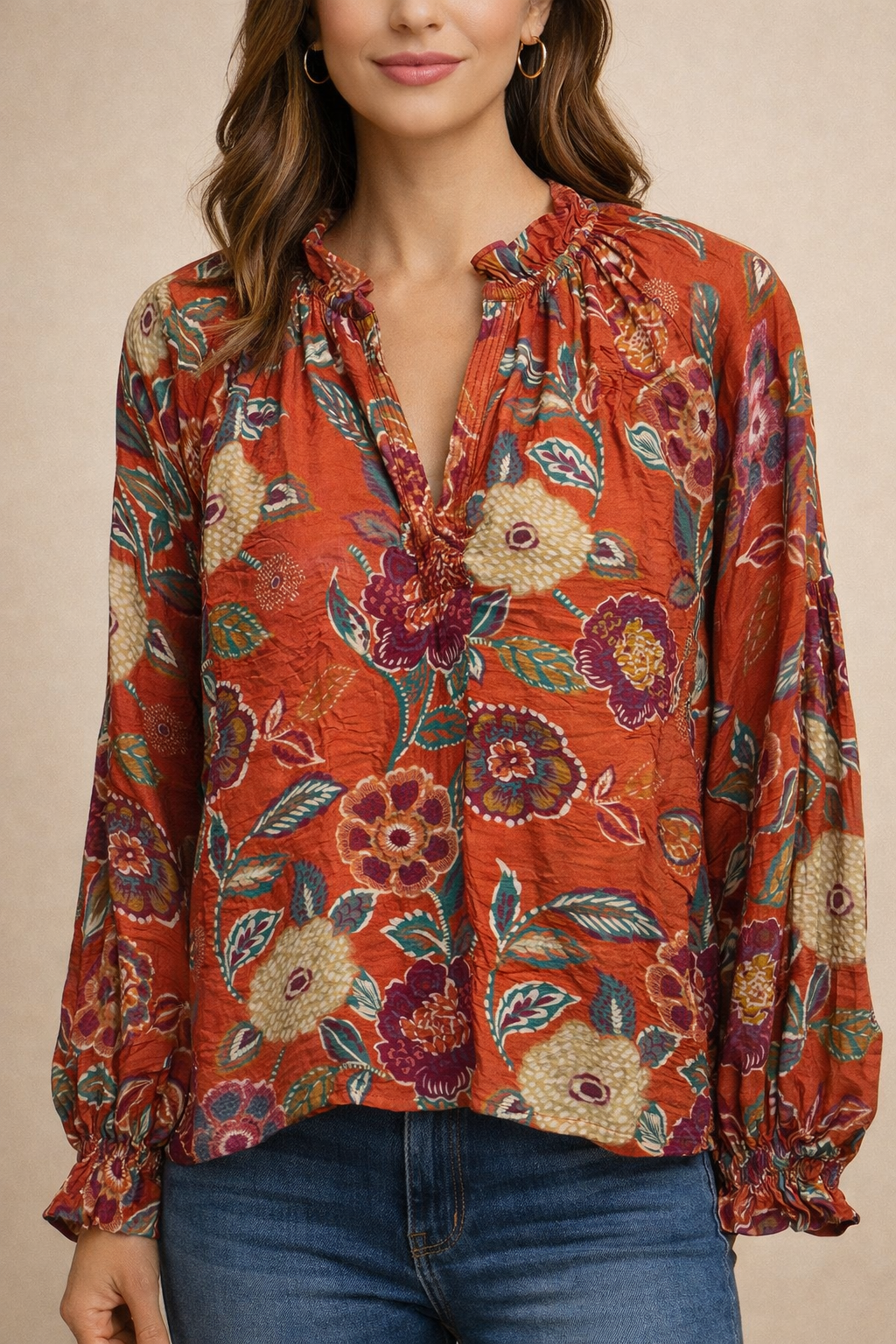 Long Sleeve Floral Vneck Top - Orange