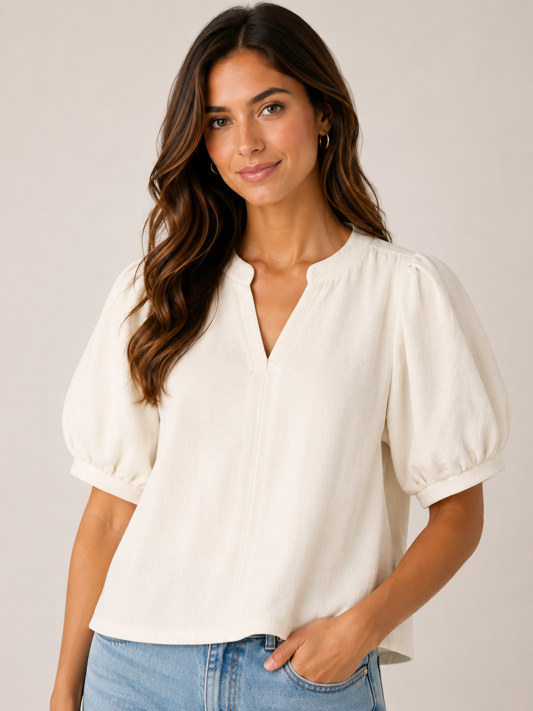 Cream Soft Suede V-neck Top