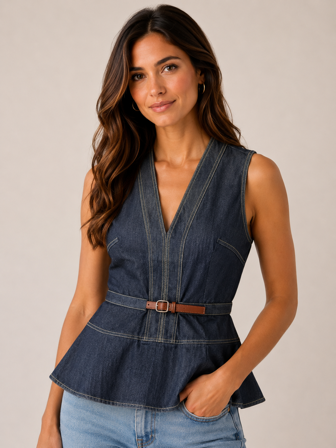 Denim Belted V-neck Top