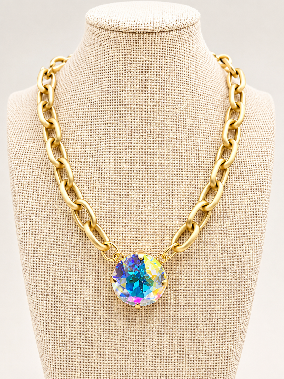 Iridescent Crystal Gold Link Statement Necklace