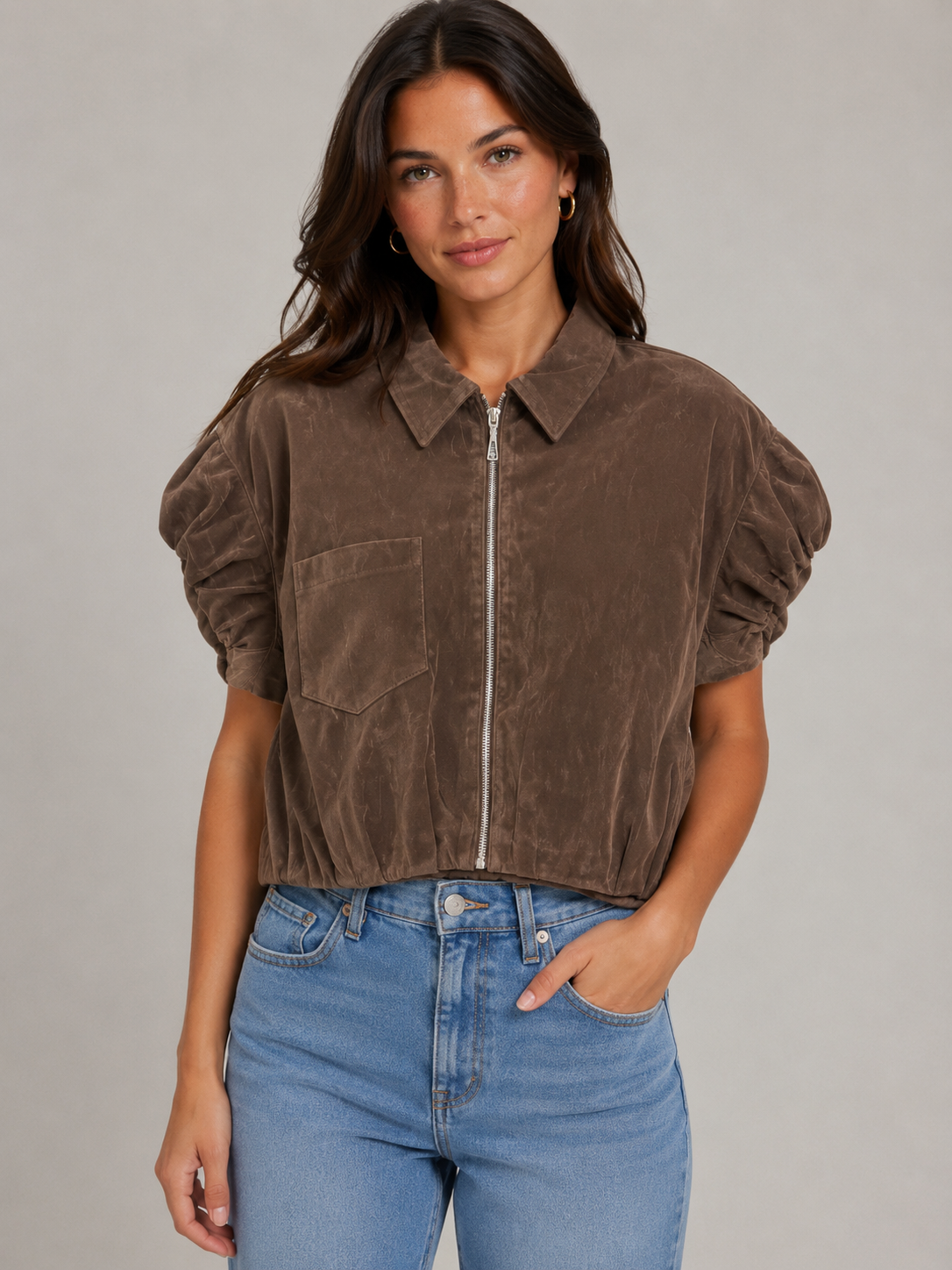 Expresso Hour zip-up jacket in soft suede