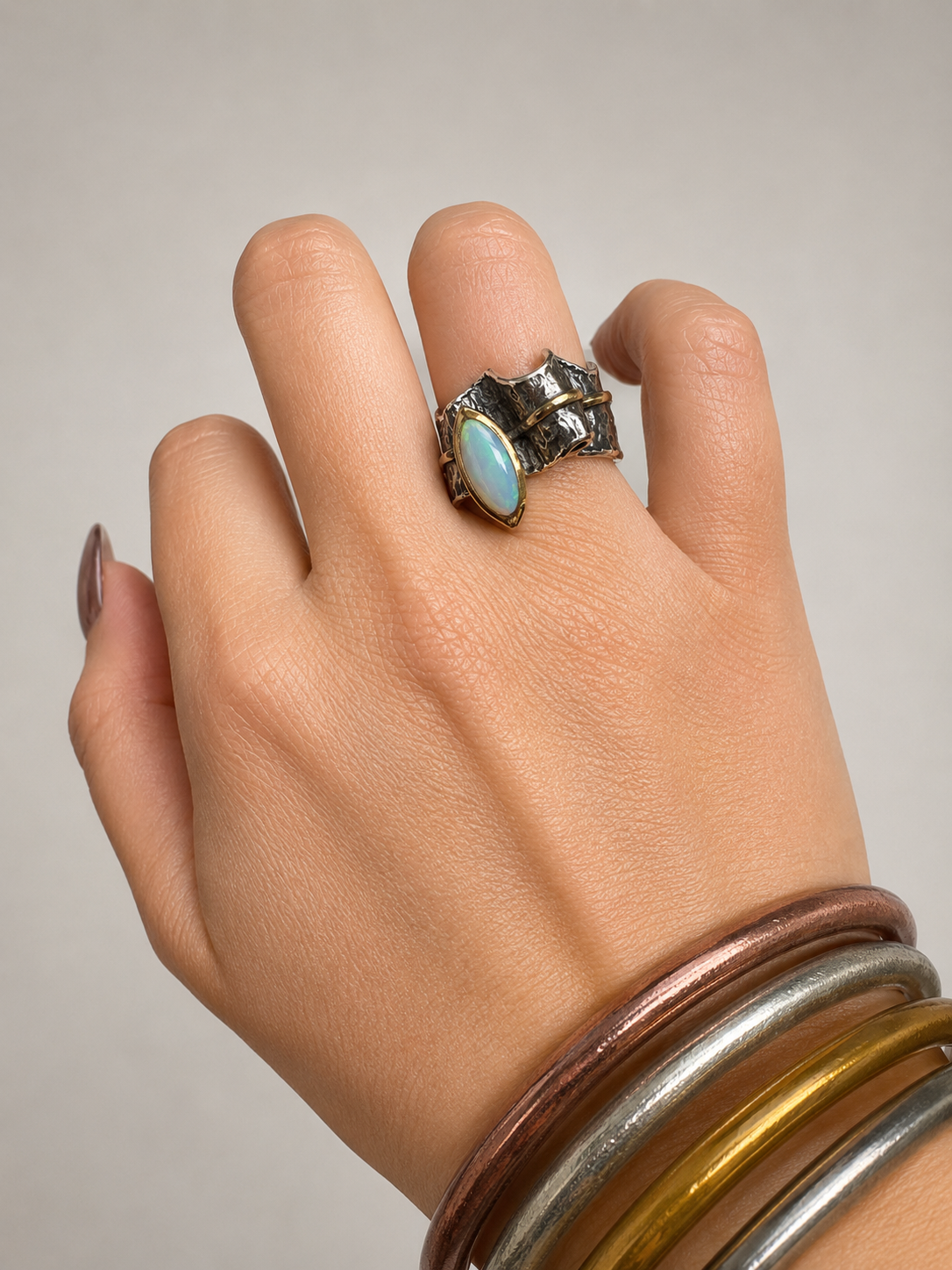 Oxidized Silver & Bronze Crystal Wave Ring -Size 9