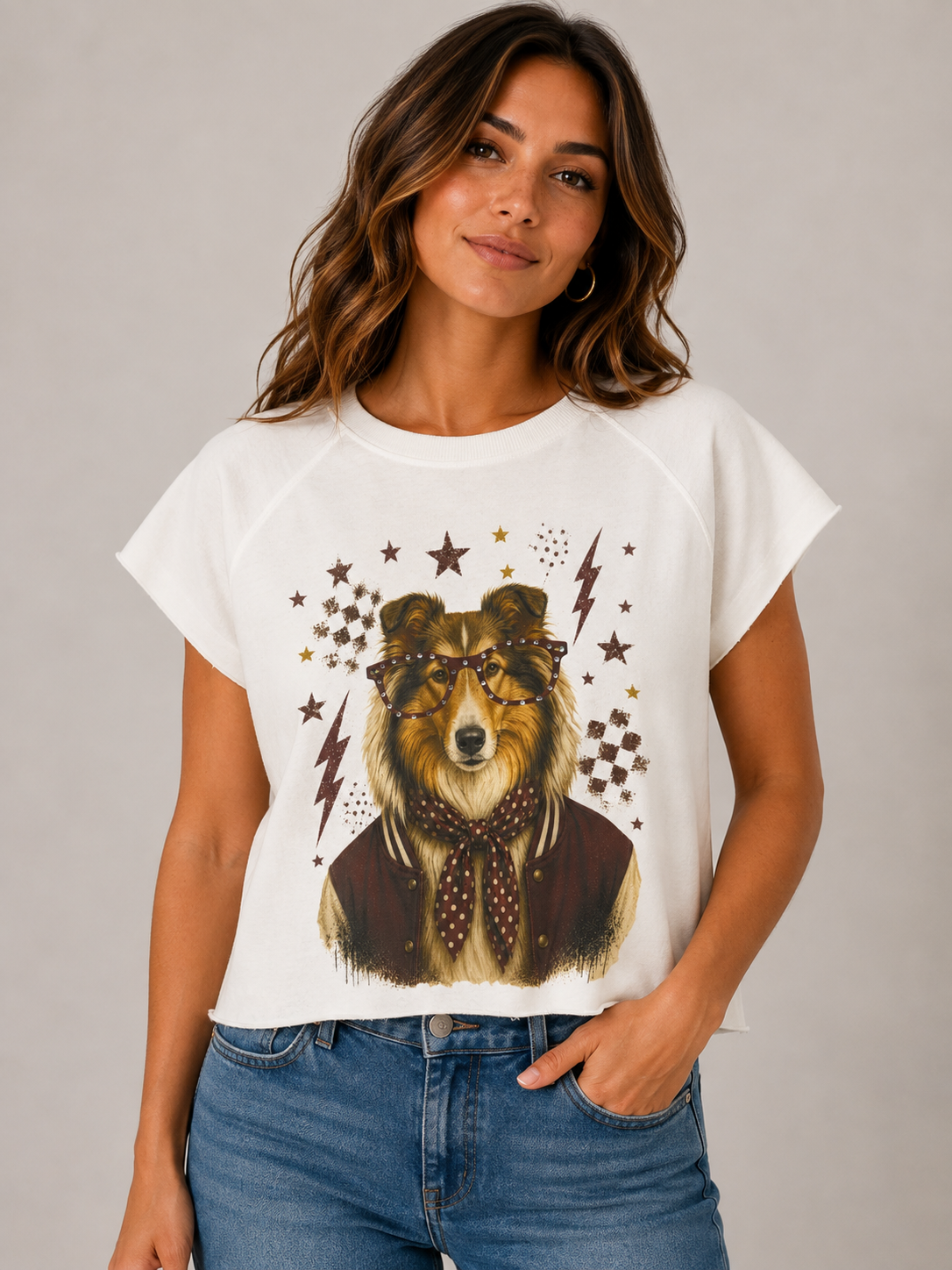 Rhinestone Collie Spirit Graphic Edgy Shirt
