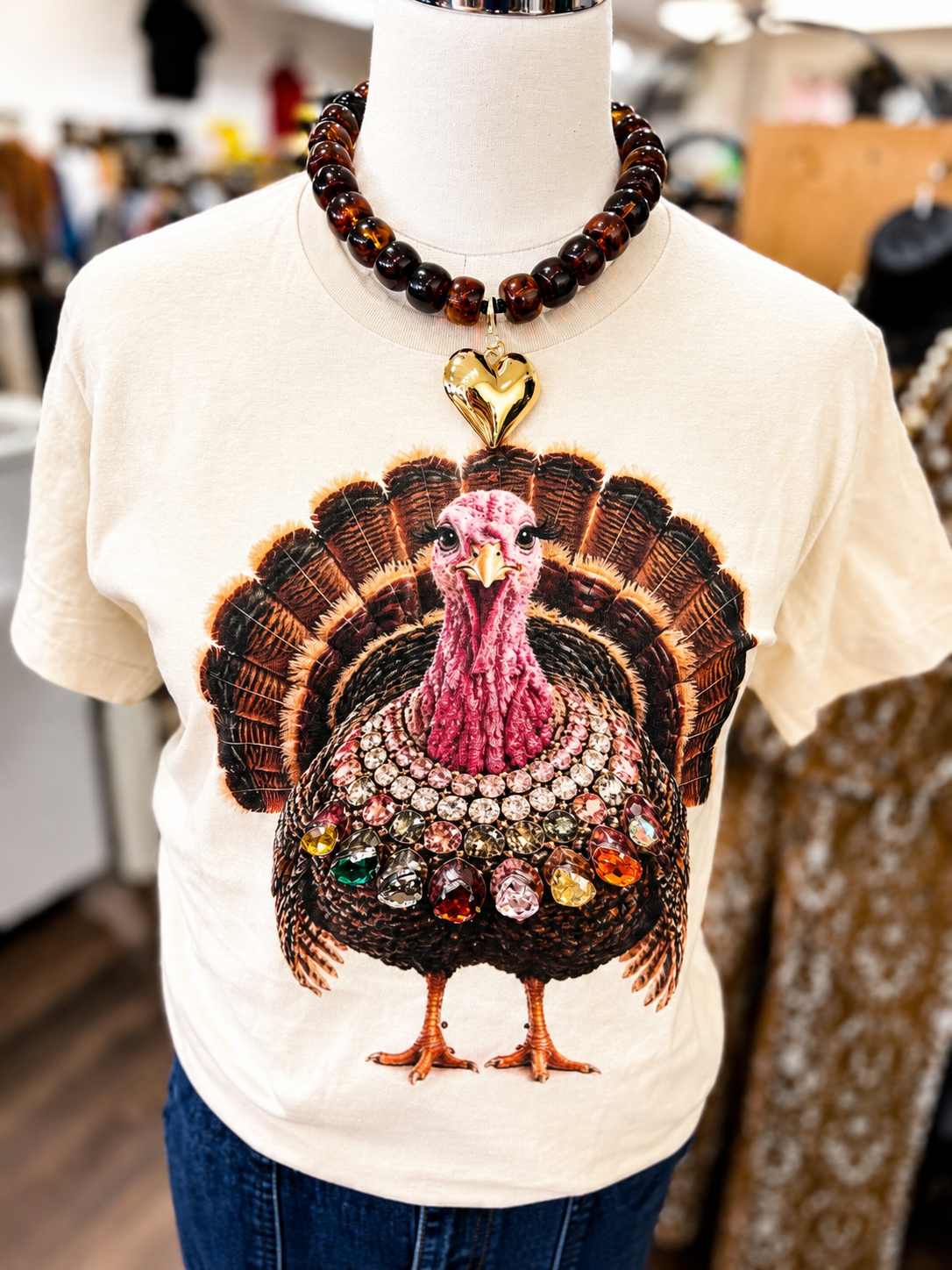 Jeweled collar T-shirt with a turkey graphic