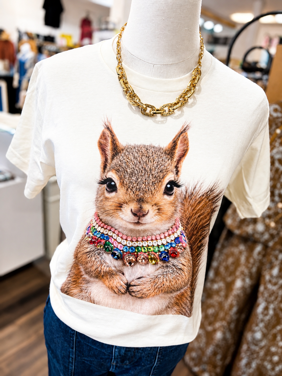 Jeweled collar T-shirt with a squirrel graphic