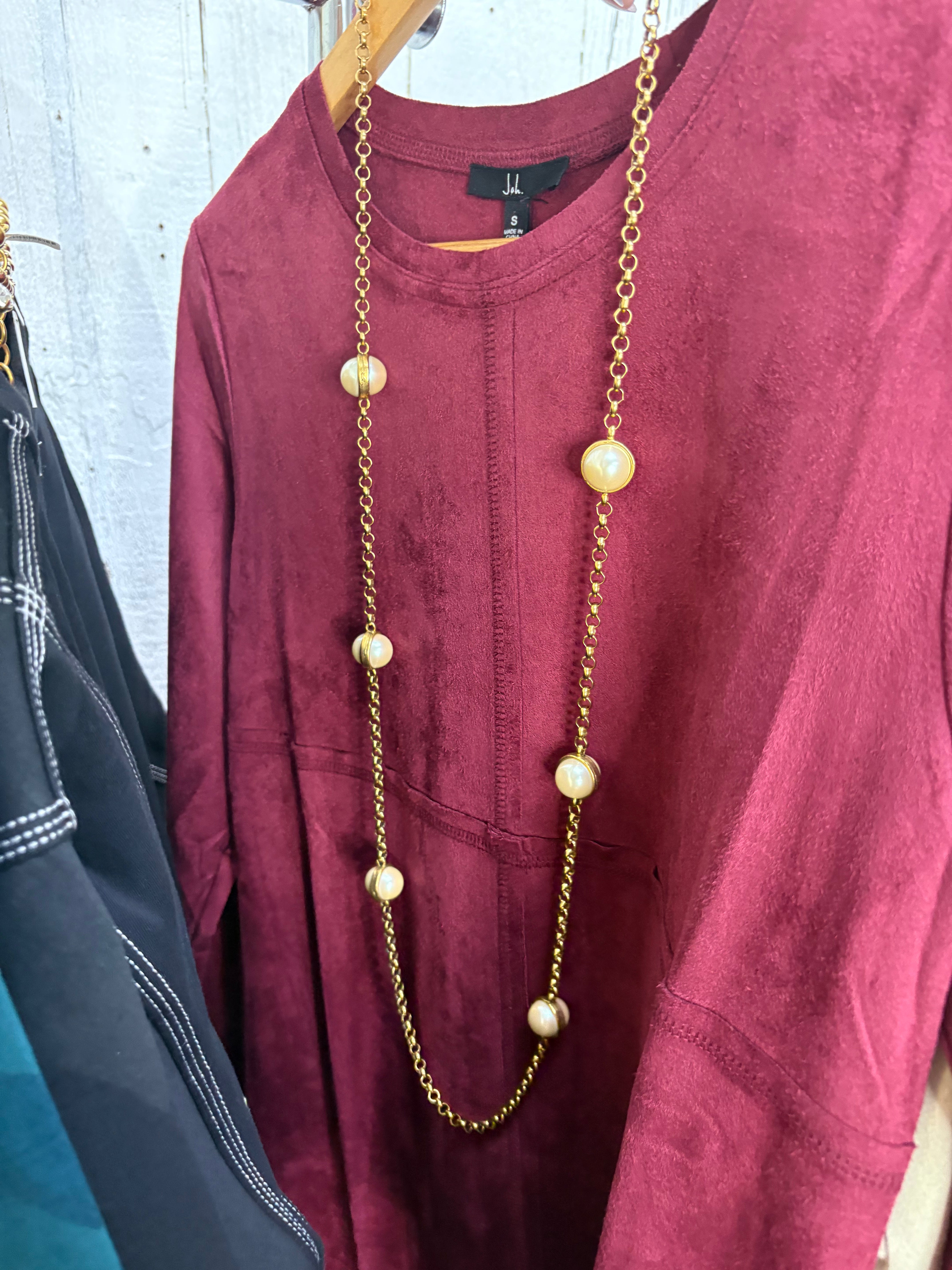 Gold Pearl Long Length Necklace