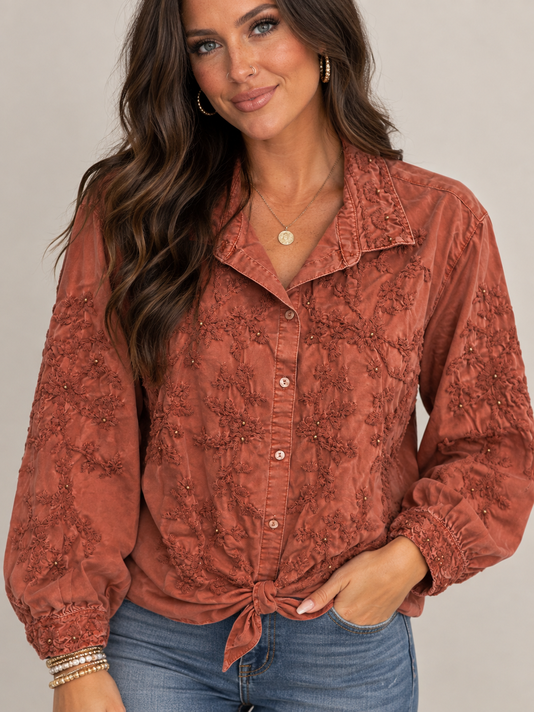 John Mark Burnt Orange Woven Embroidered Tie Front Top