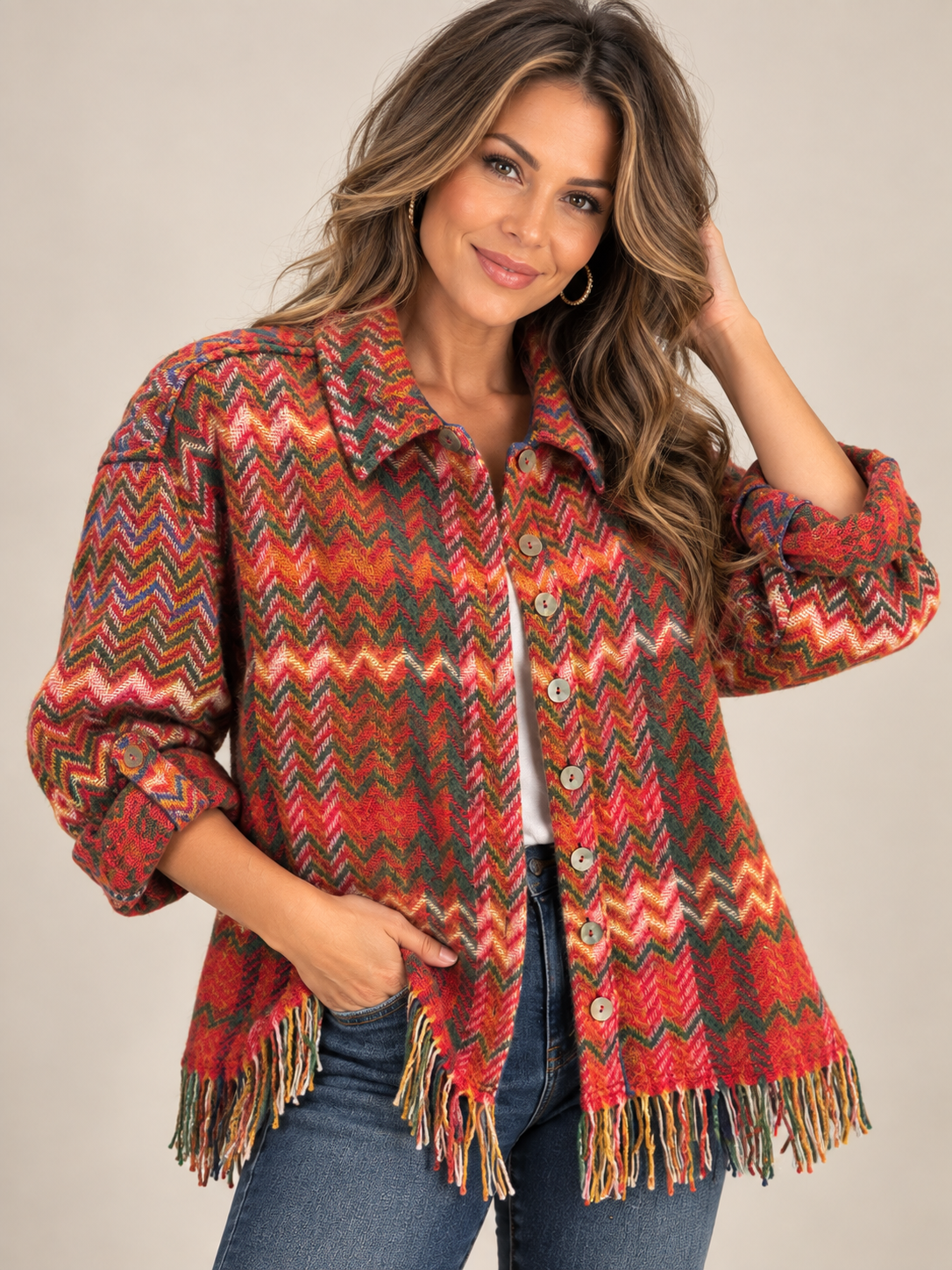 John Mark Pink Plaid Woven Chevron Collared Button Front Jacket