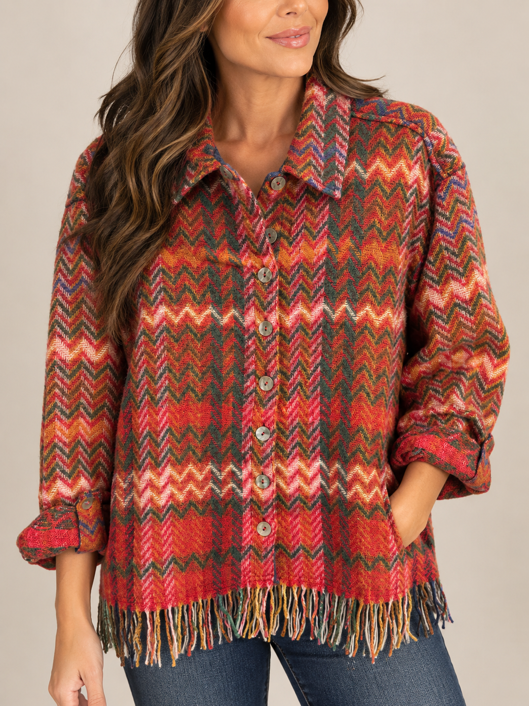 John Mark Pink Plaid Woven Chevron Collared Button Front Jacket
