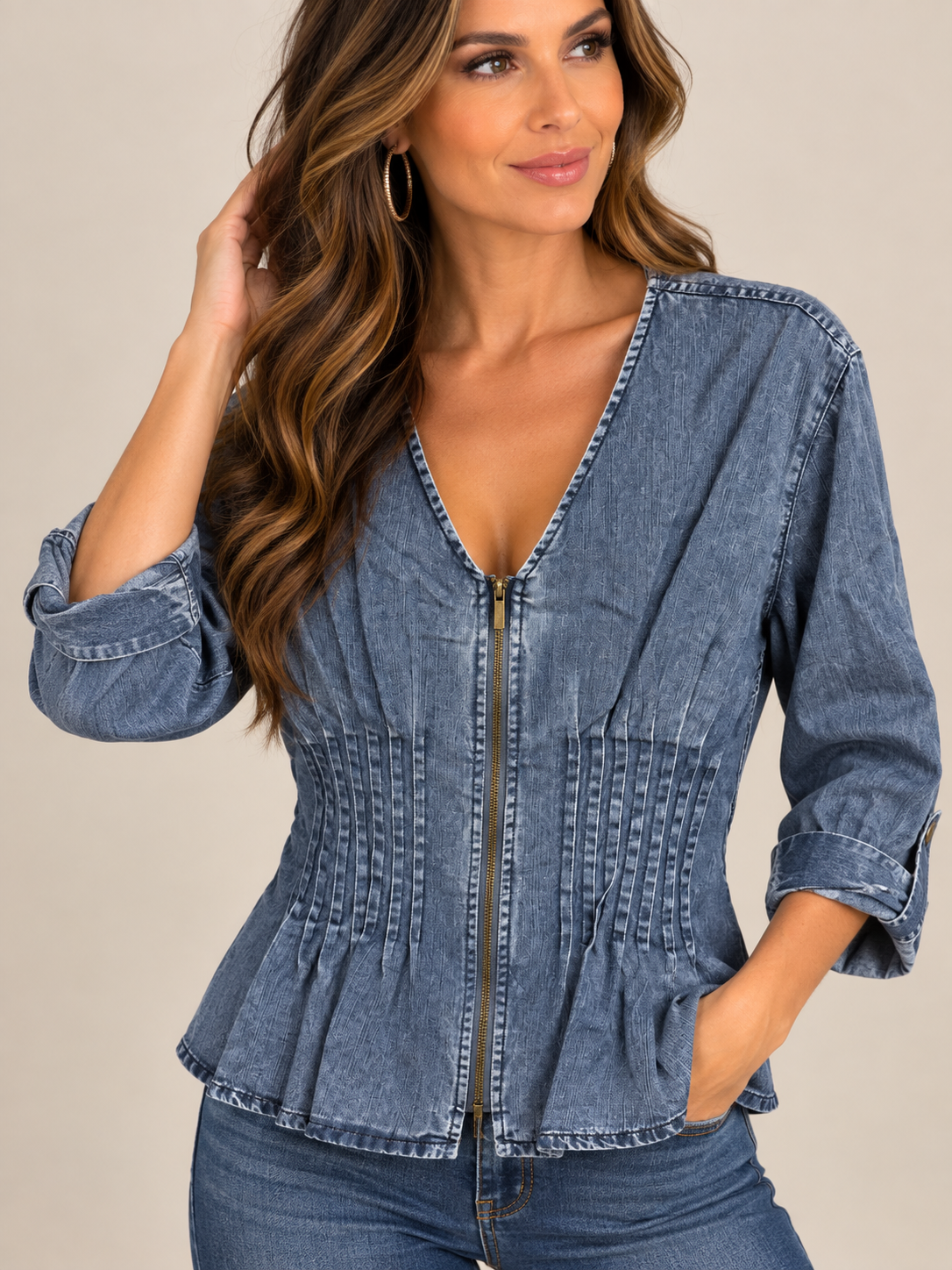 John Mark Denim Woven Vneck Zip Front Pleated Blouse