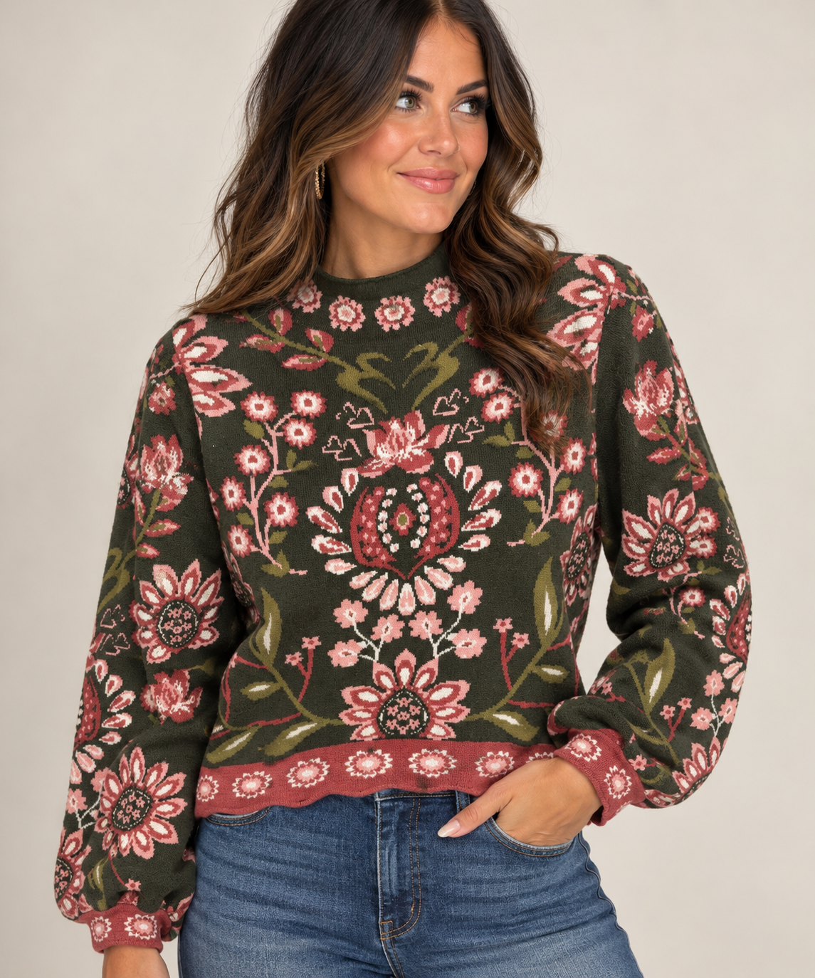 Olive Floral High Neck Sweater