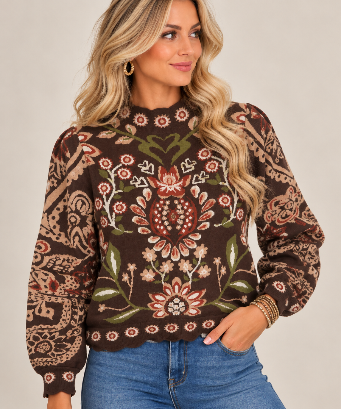 Chocolate Floral Patterned Sweater