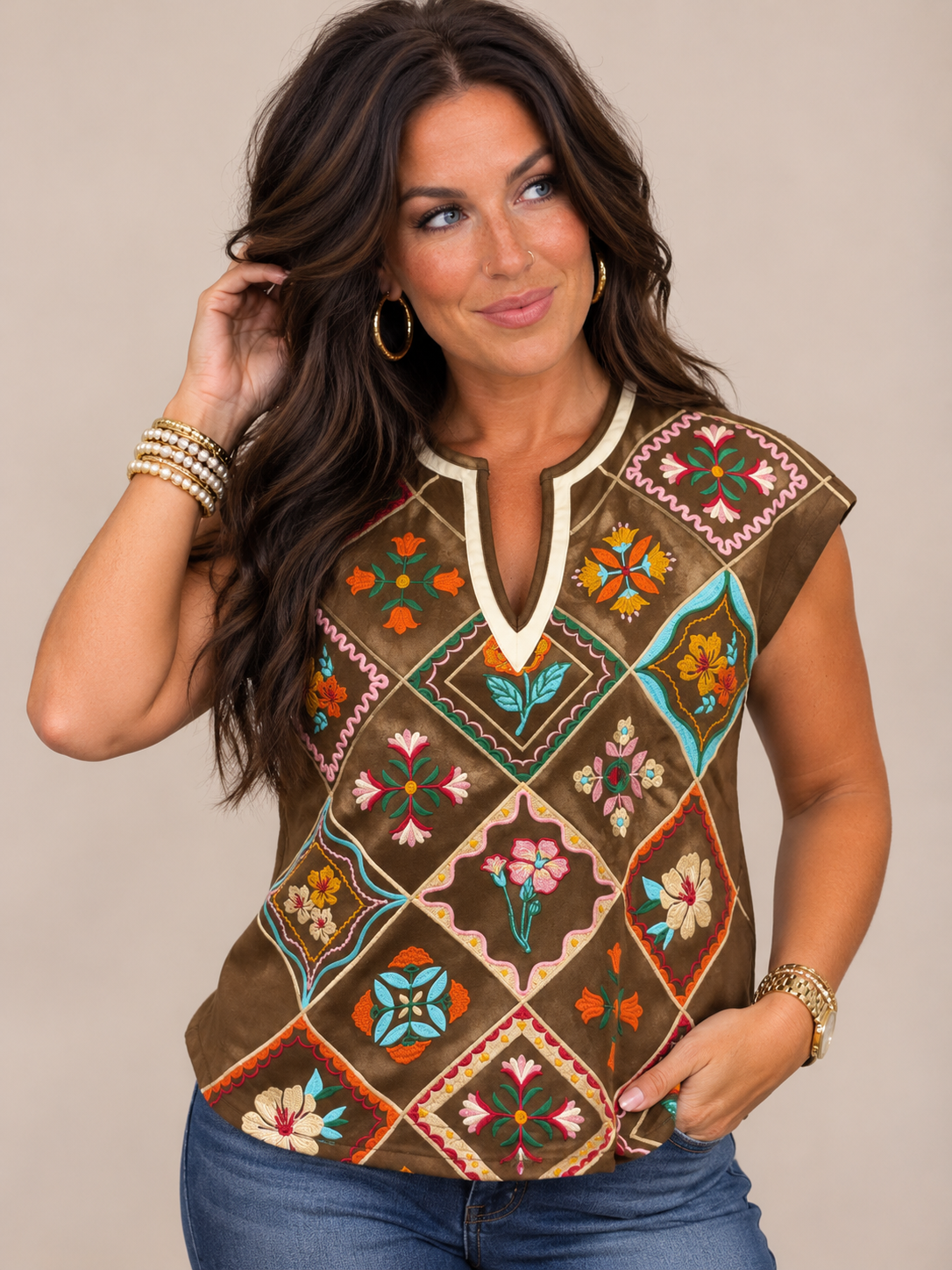 Chocolate Suede Embroidered Sleeveless Top