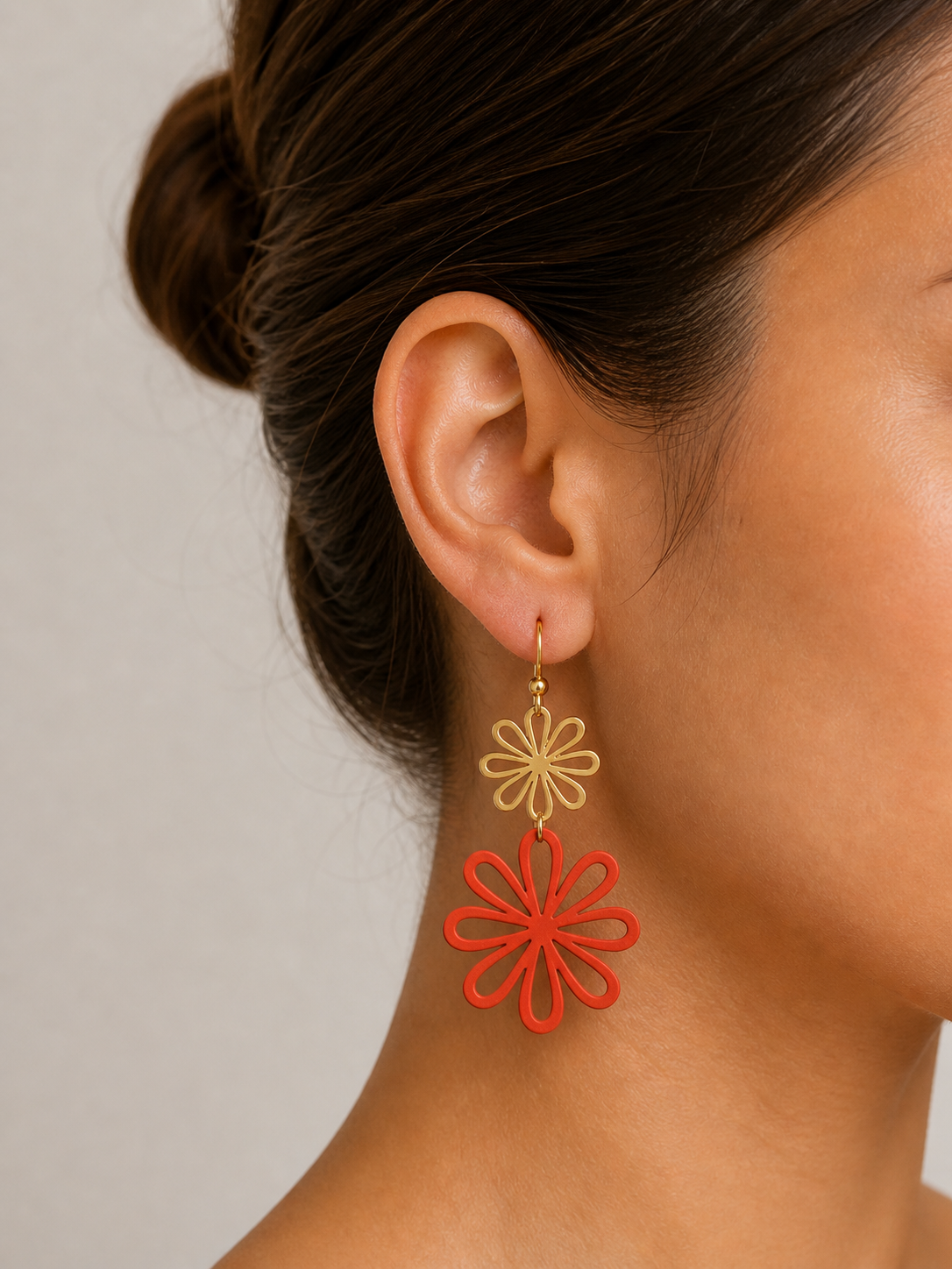 Gold Enamel Flower Drop Earrings