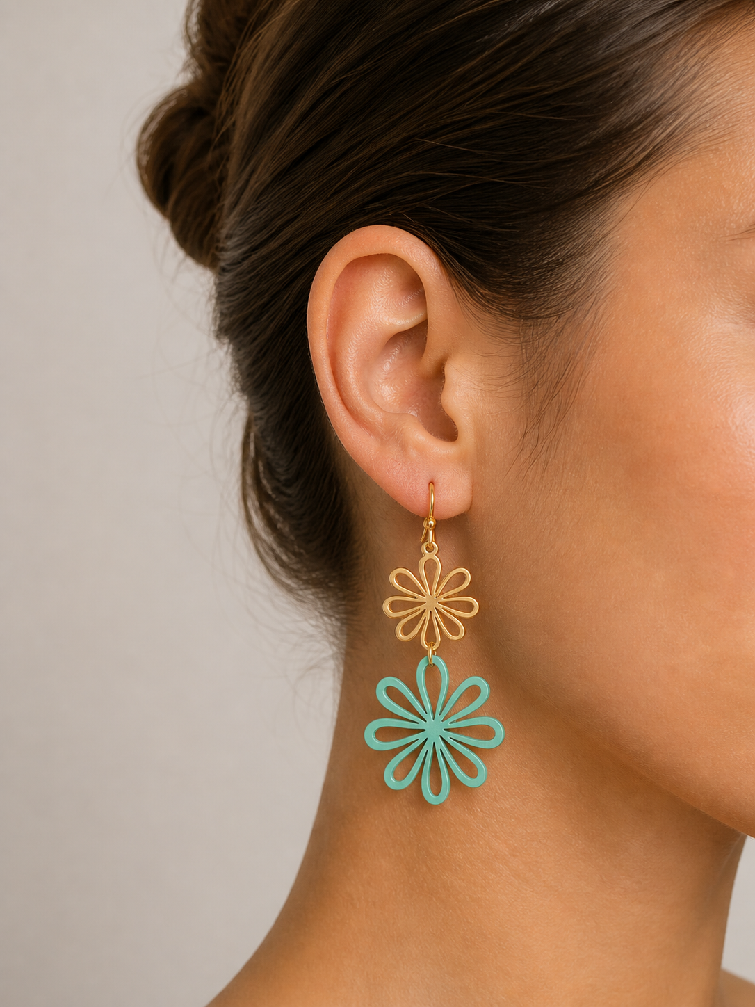 Gold Enamel Flower Drop Earrings