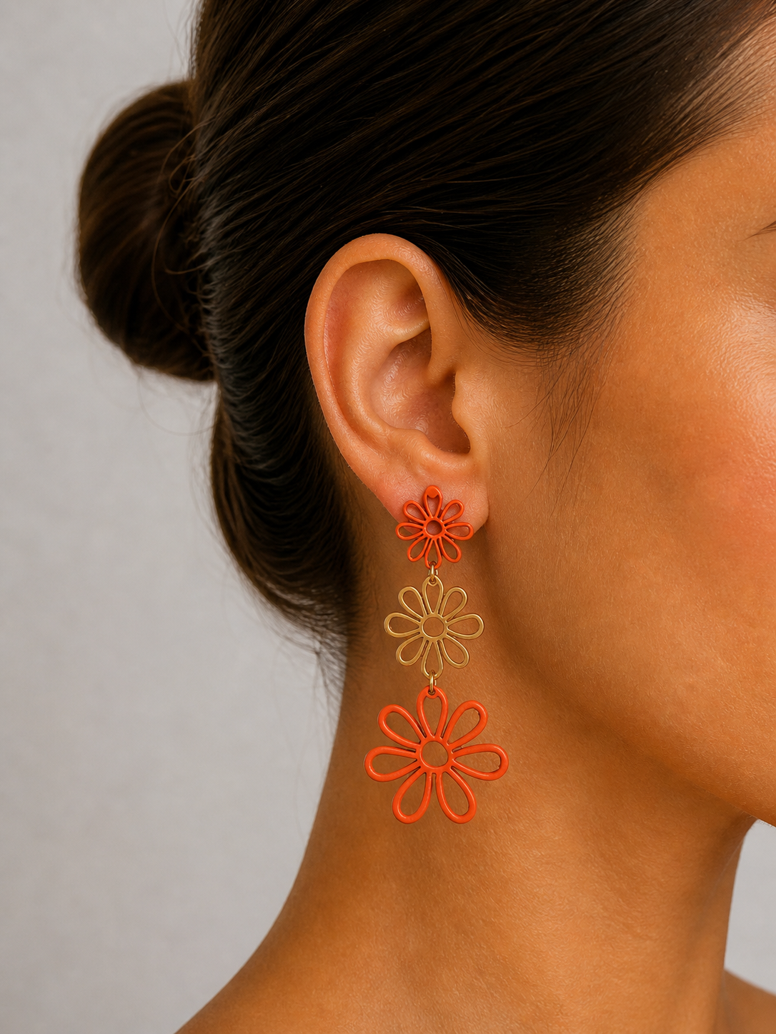 Gold Enamel Triple Flower Drop Earrings