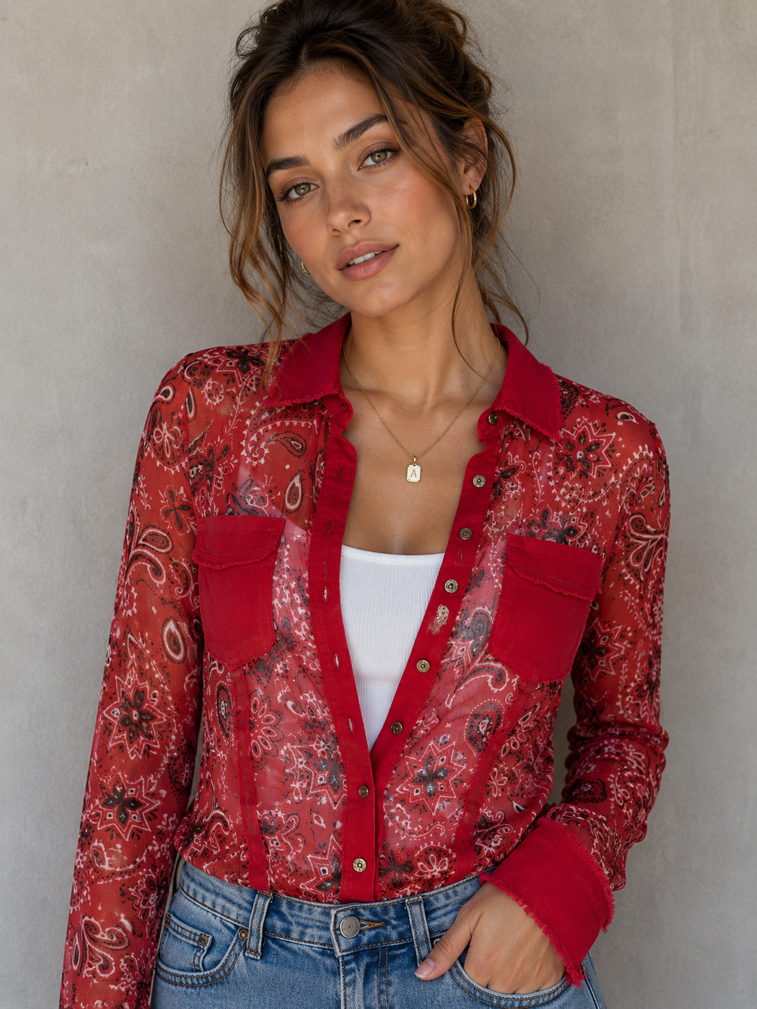 Red Bandana Linen Mesh Button Front Top
