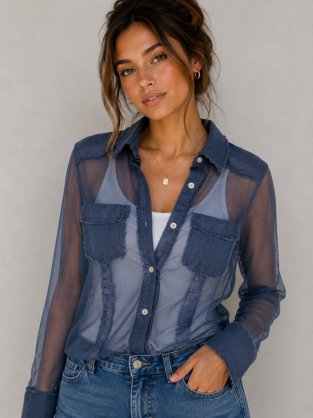 Linen Mesh Button Front Top