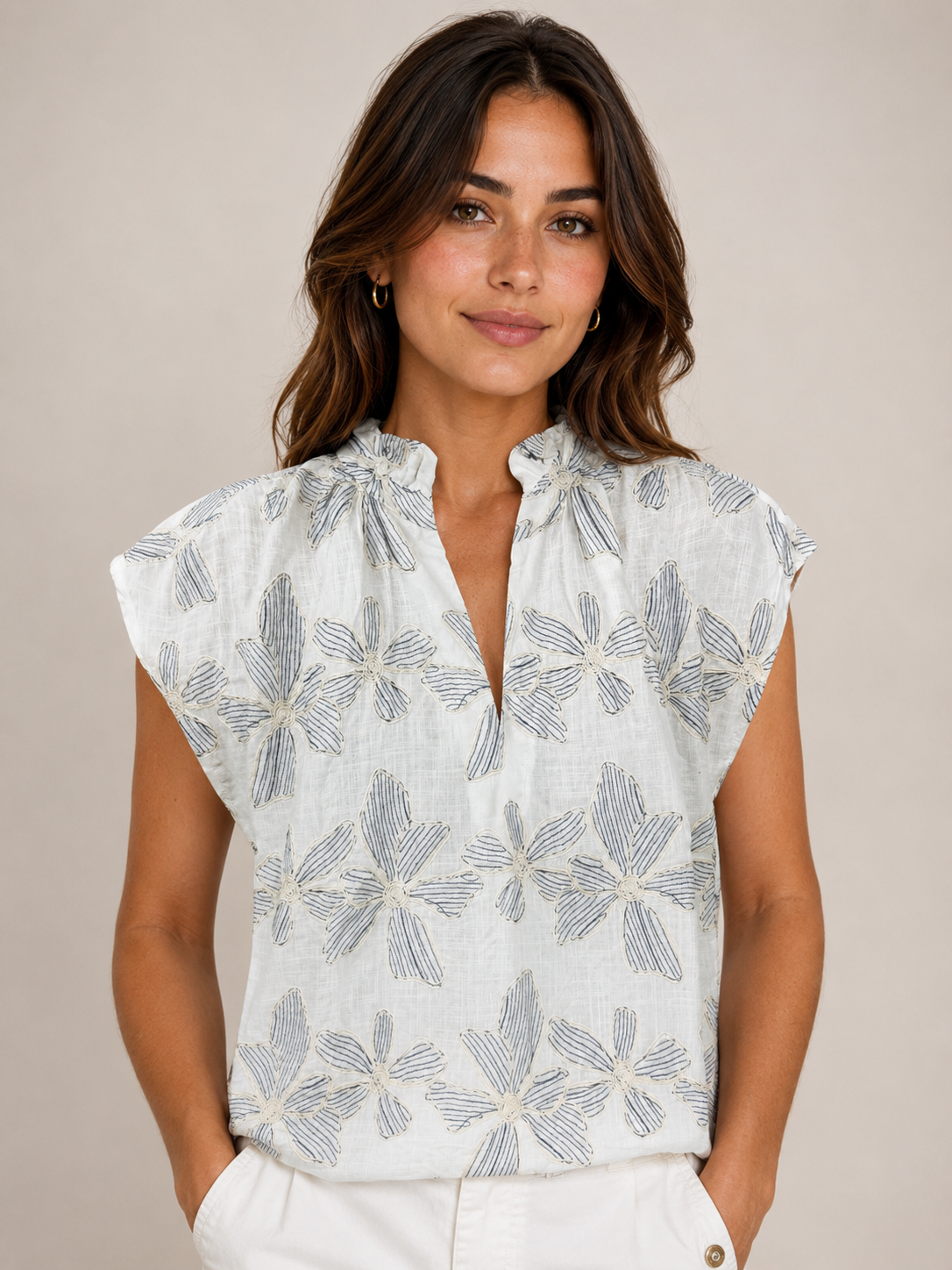 Cream Short Sleeve Embroidery Floral Top