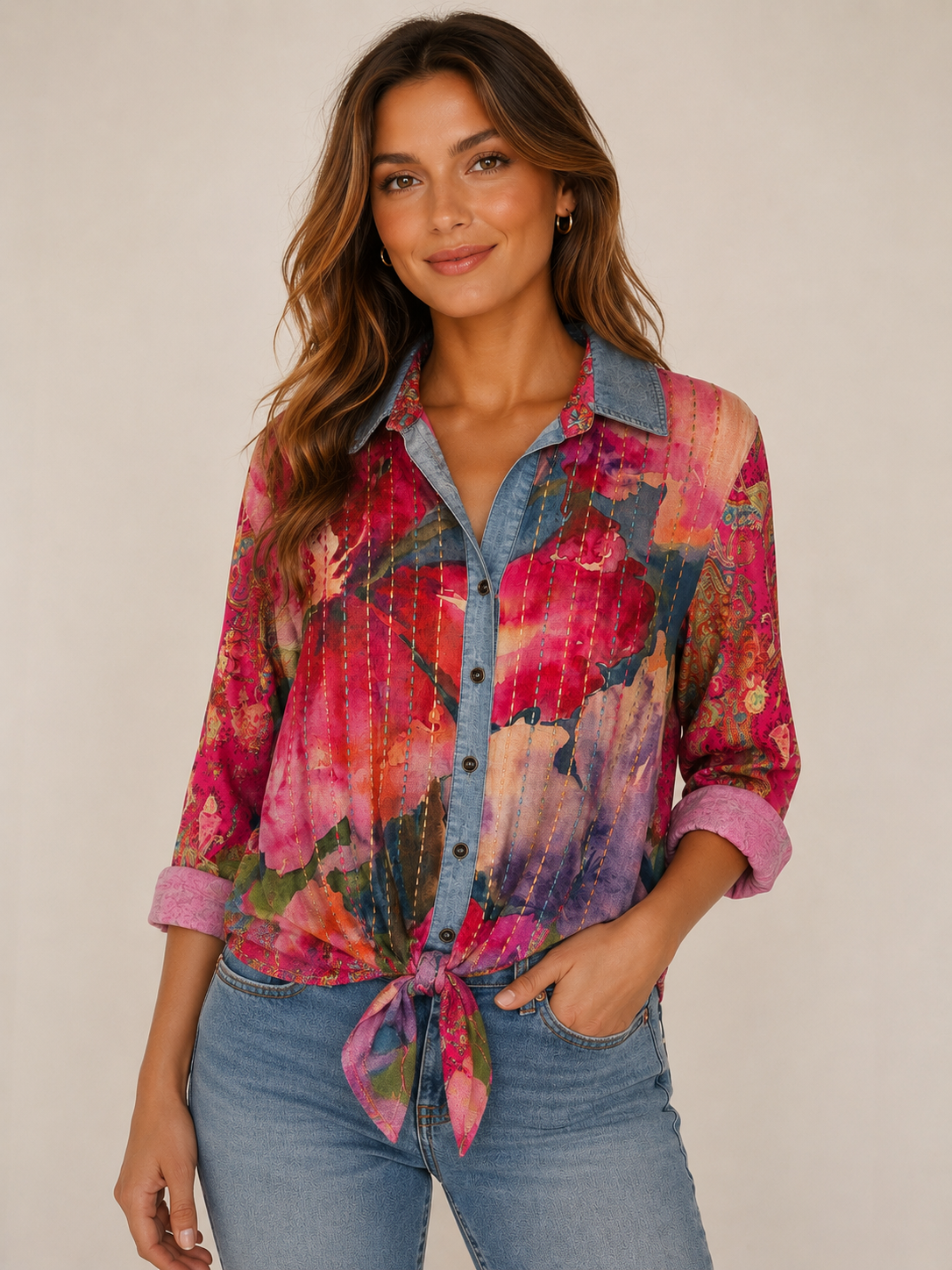 John Mark Woven Mix Print LS Cinch Sleeve Tie Front Blouse