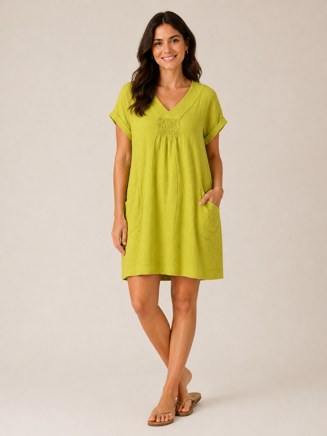 Gauze V-Neck Dress with Pockets - Kiwi — Accents Boutique, Marble Falls TX