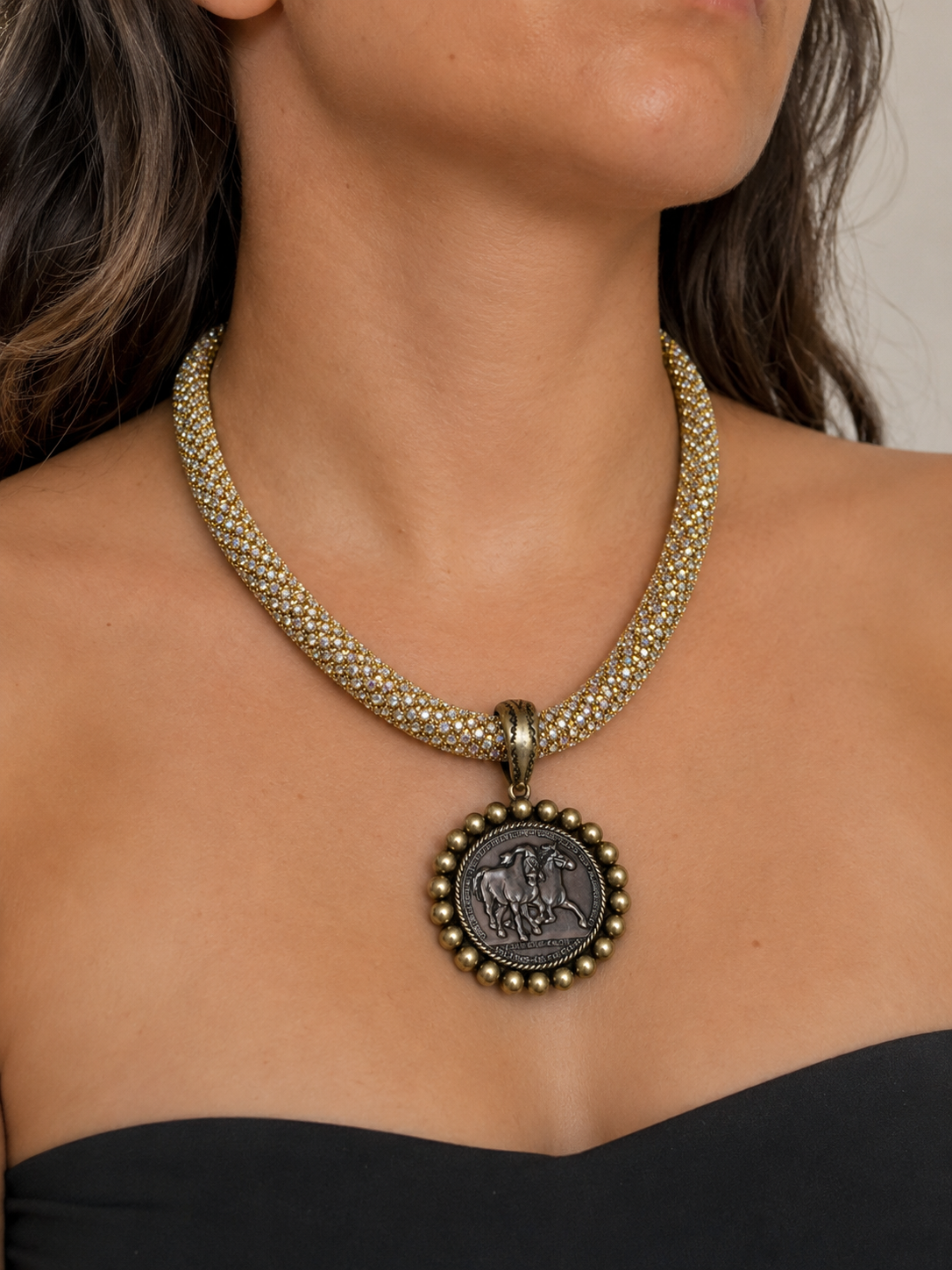 Dual Tone Horse Medallion Necklace