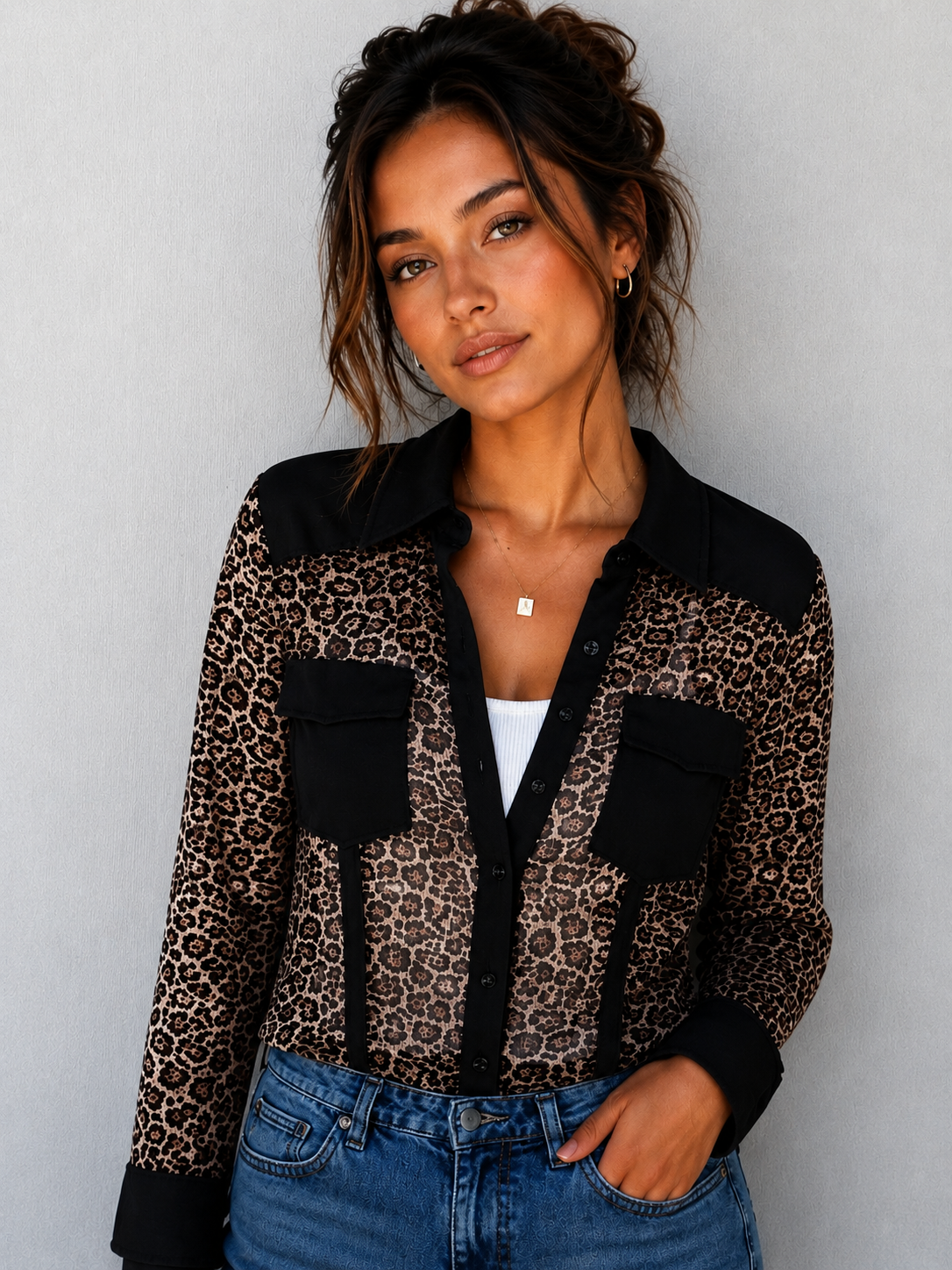Leopard Linen Mesh Button Front Top