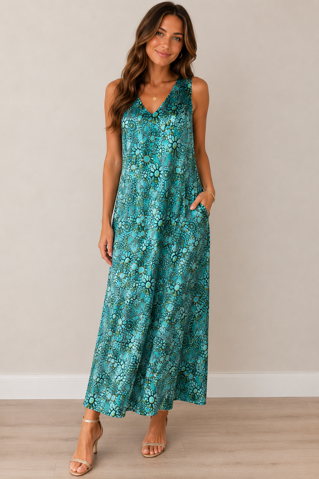 Turquoise Printed Satin Sheath Dress