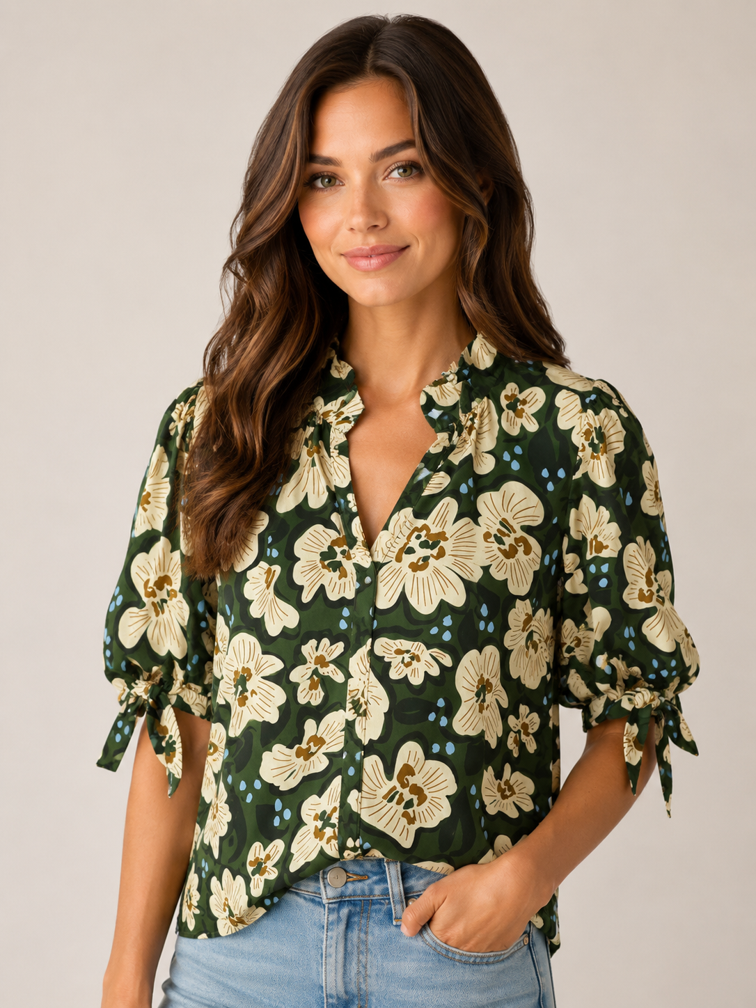 Green Floral Top with Bow Tie Sleeve